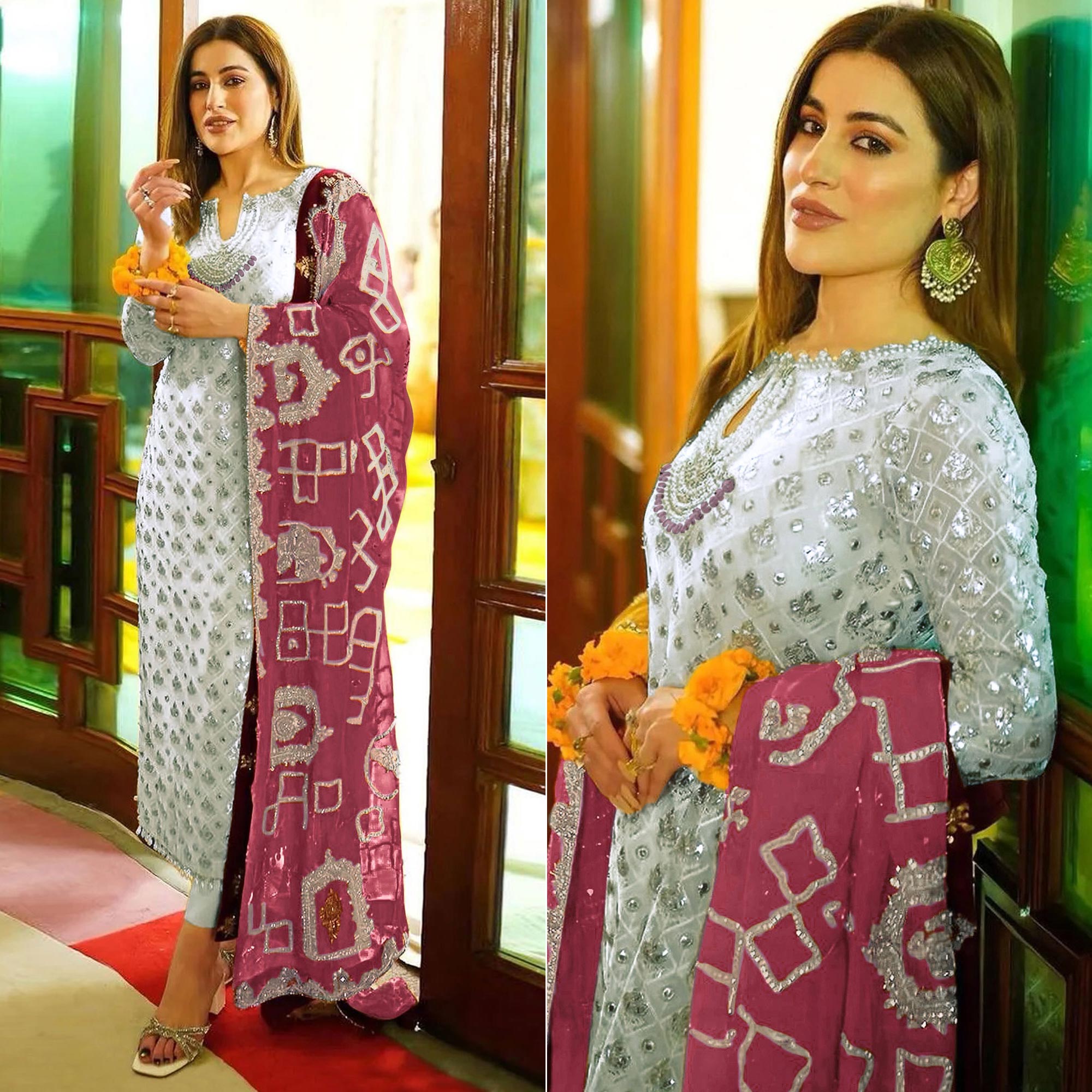 Off White Floral Embroidered Georgette Semi Stitched Pakistani Suit