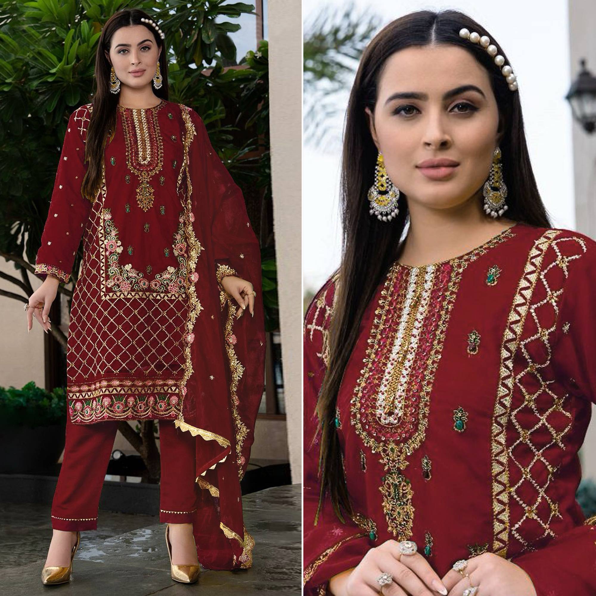 Maroon Floral Sequins Embroidered Georgette Semi Stitched Pakistani Suit