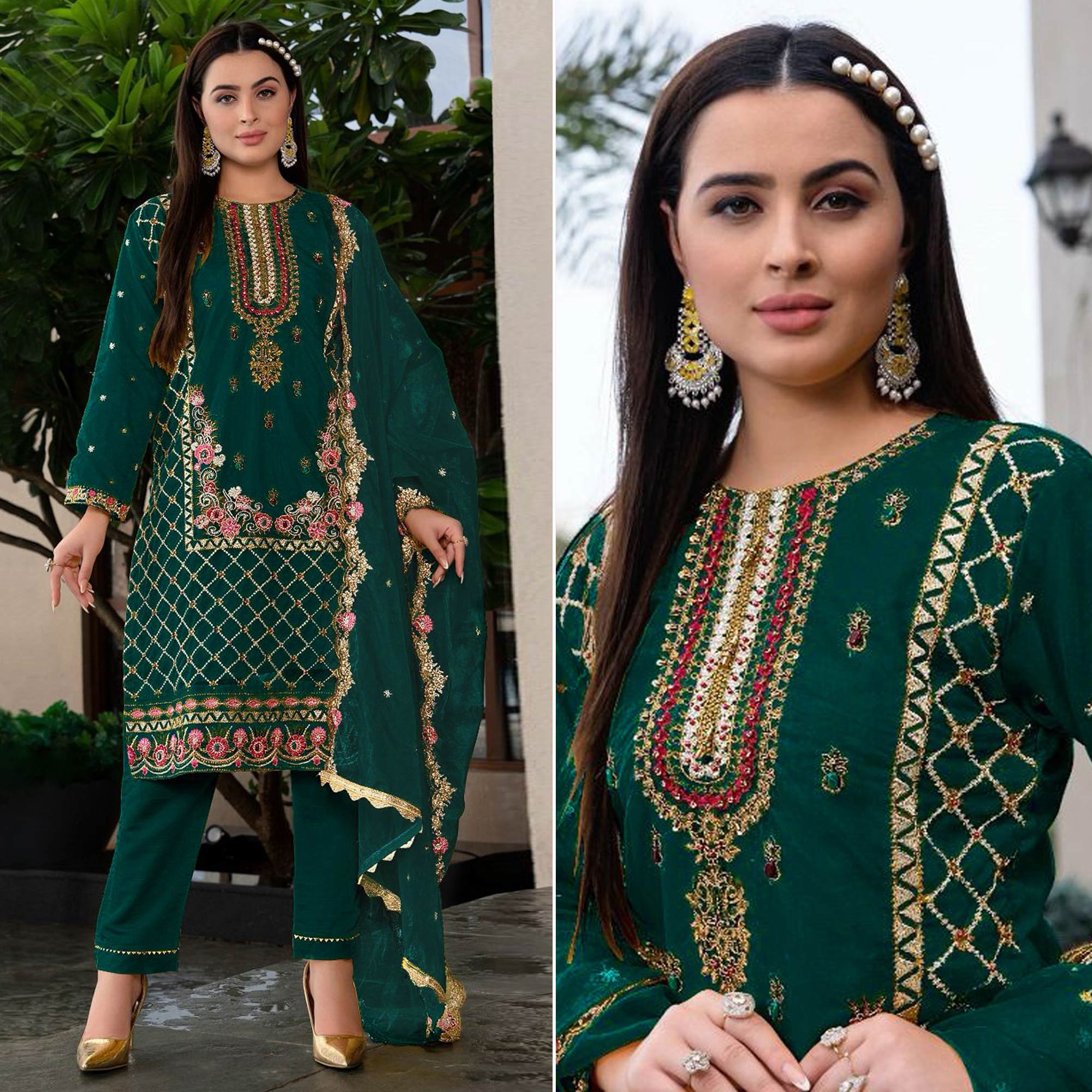 Green Floral Sequins Embroidered Georgette Semi Stitched Pakistani Suit