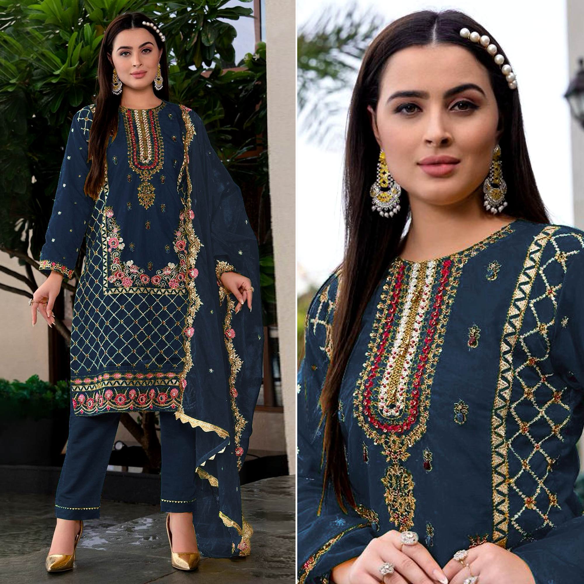 Blue Floral Sequins Embroidered Georgette Semi Stitched Pakistani Suit
