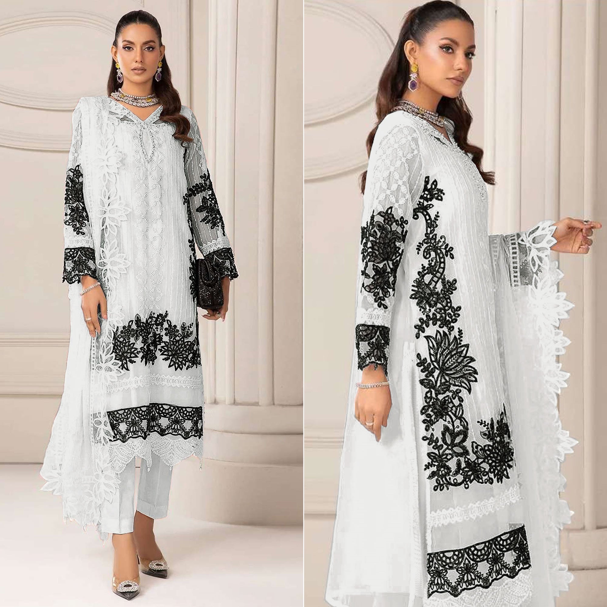 White Floral Embroidered Georgette Semi Stitched Pakistani Dress Material