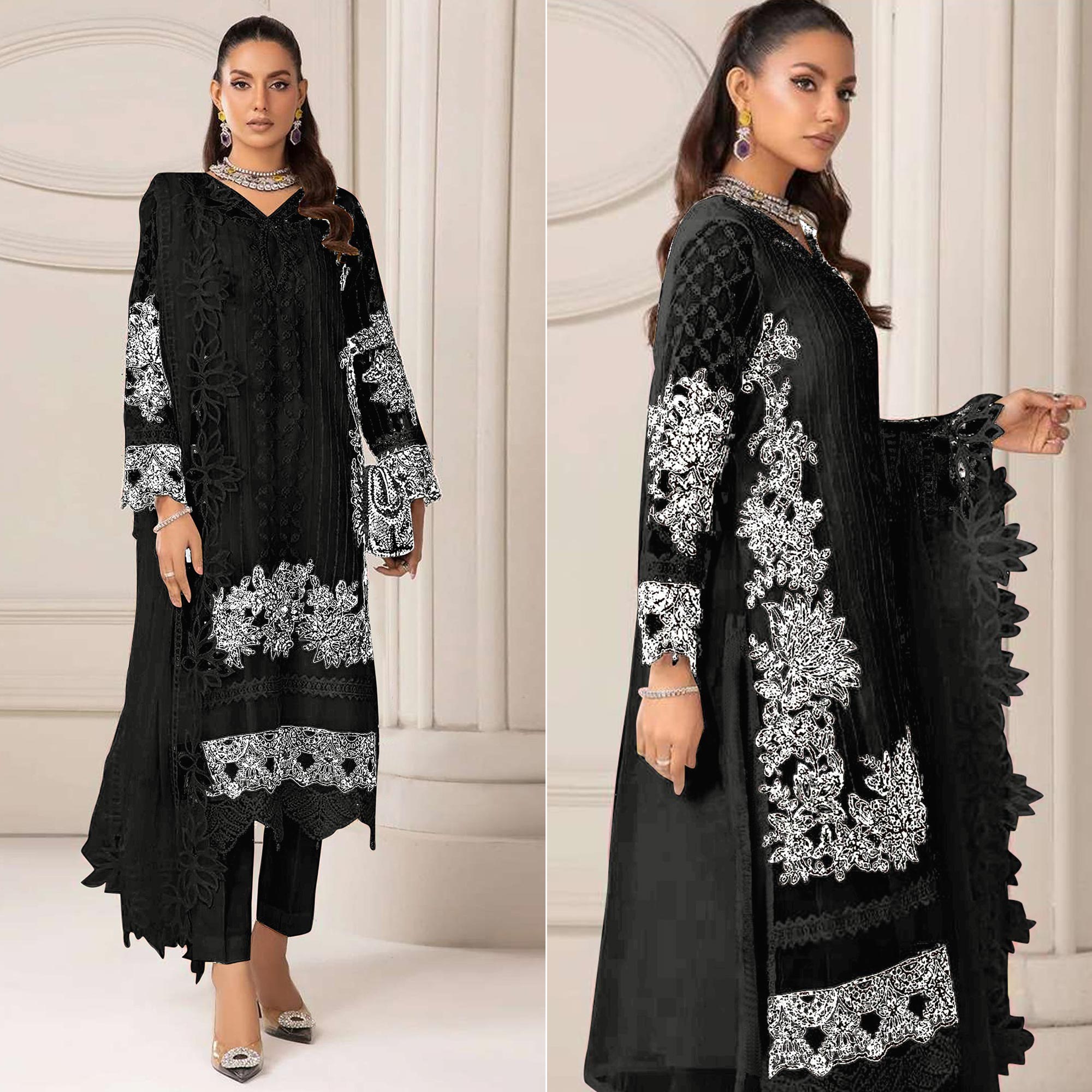 Black Floral Embroidered Georgette Semi Stitched Pakistani Dress Material