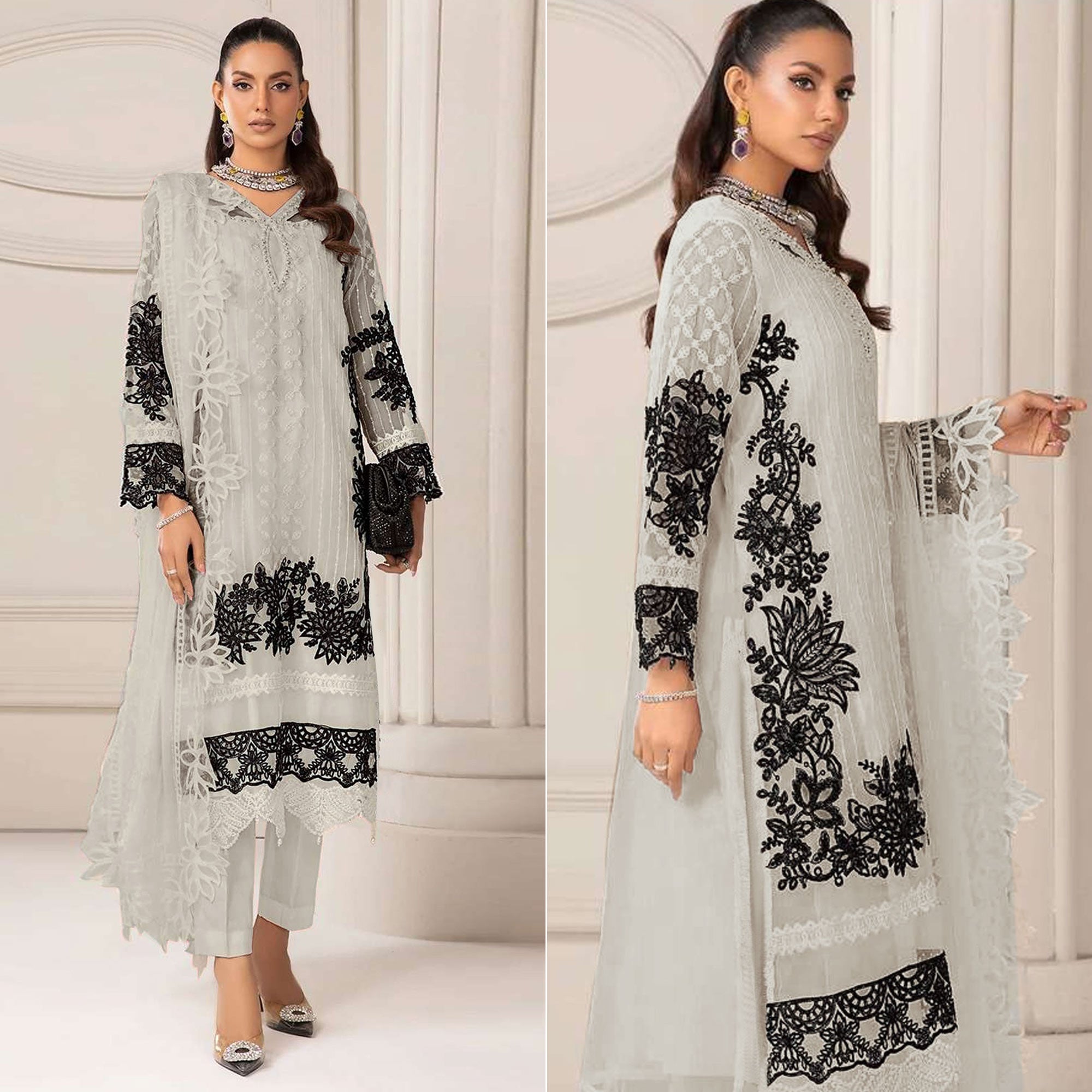 Beige Floral Embroidered Georgette Semi Stitched Pakistani Dress Material