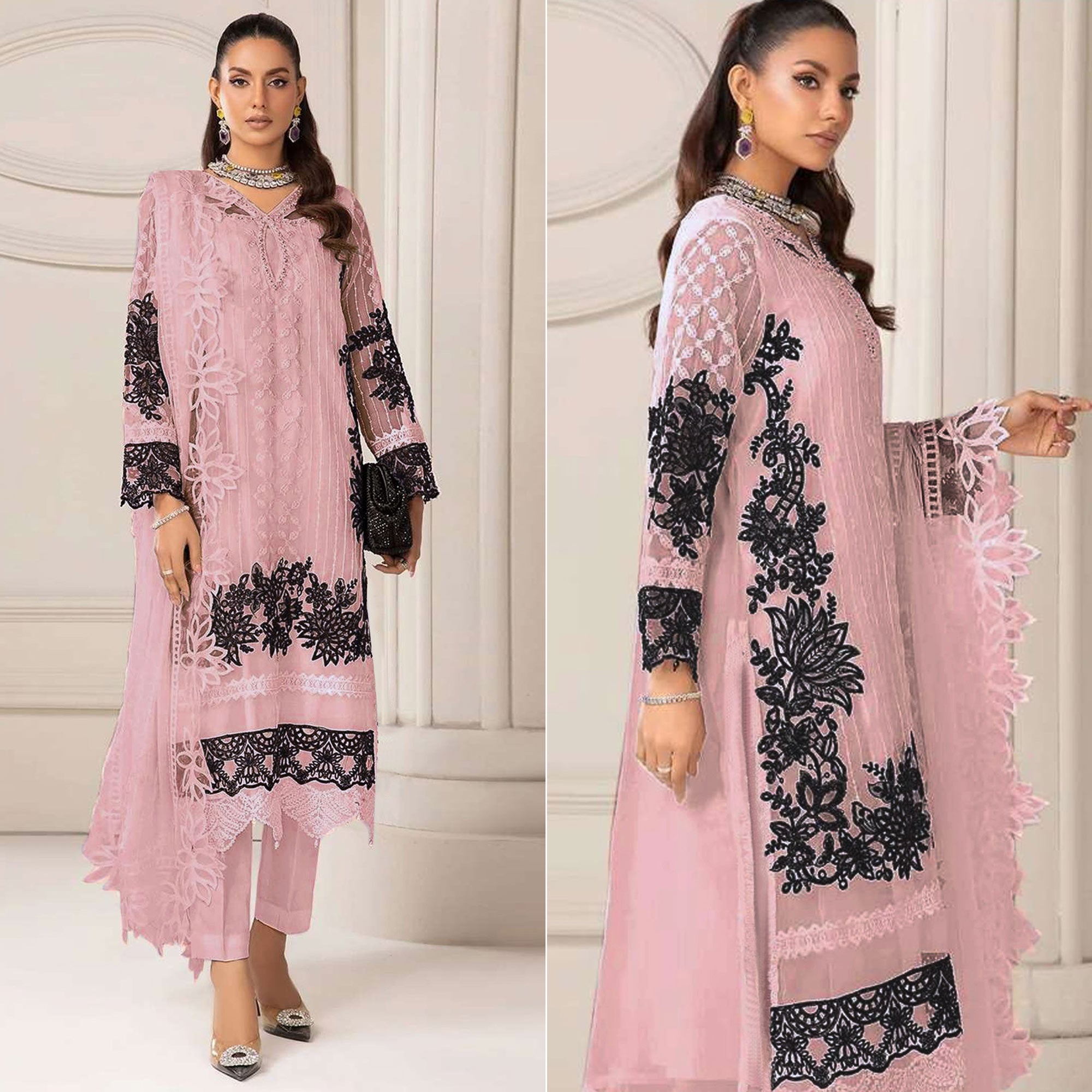 Pink Floral Embroidered Georgette Semi Stitched Pakistani Dress Material