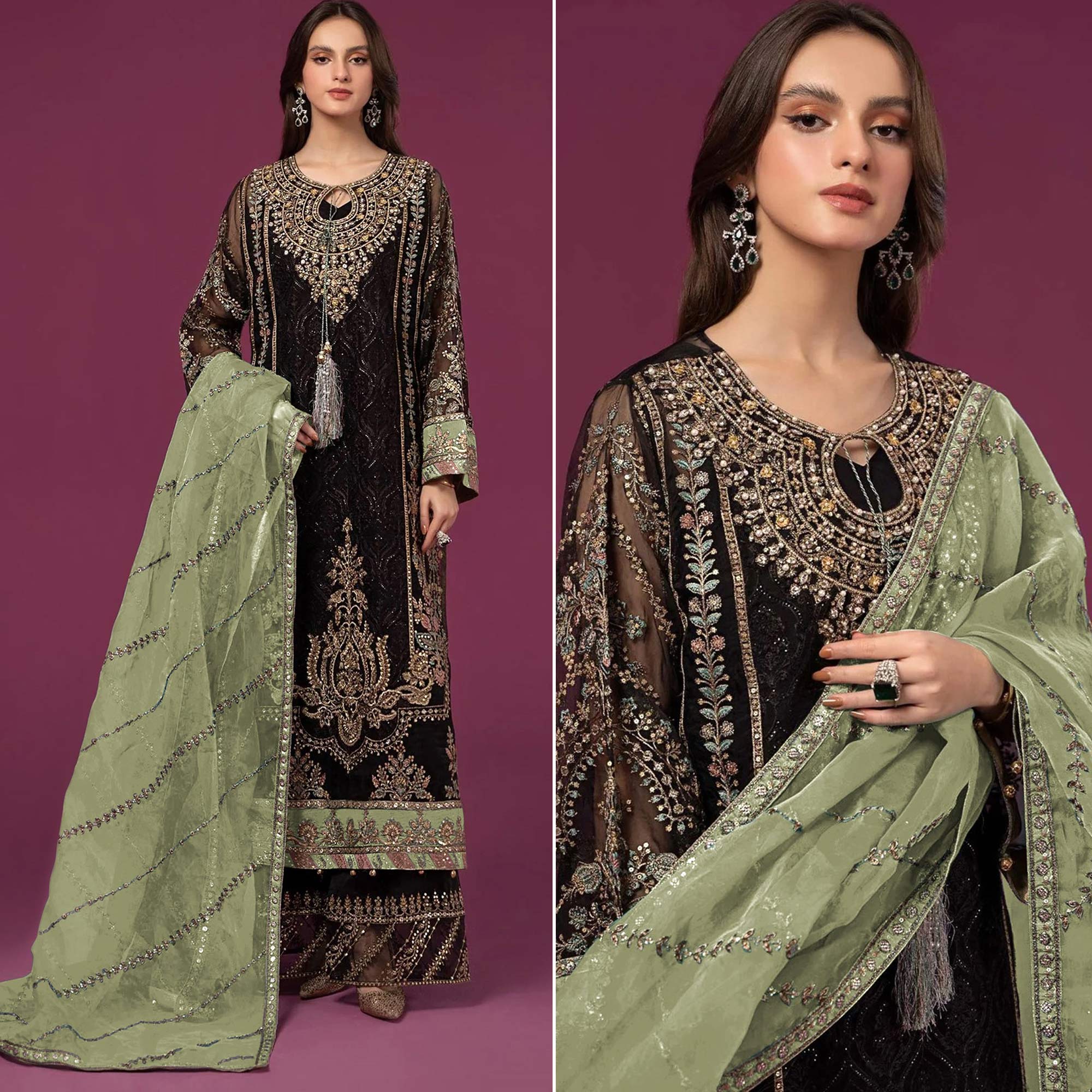 Black & Green Embroidered Georgette Semi Stitched Pakistani Suit