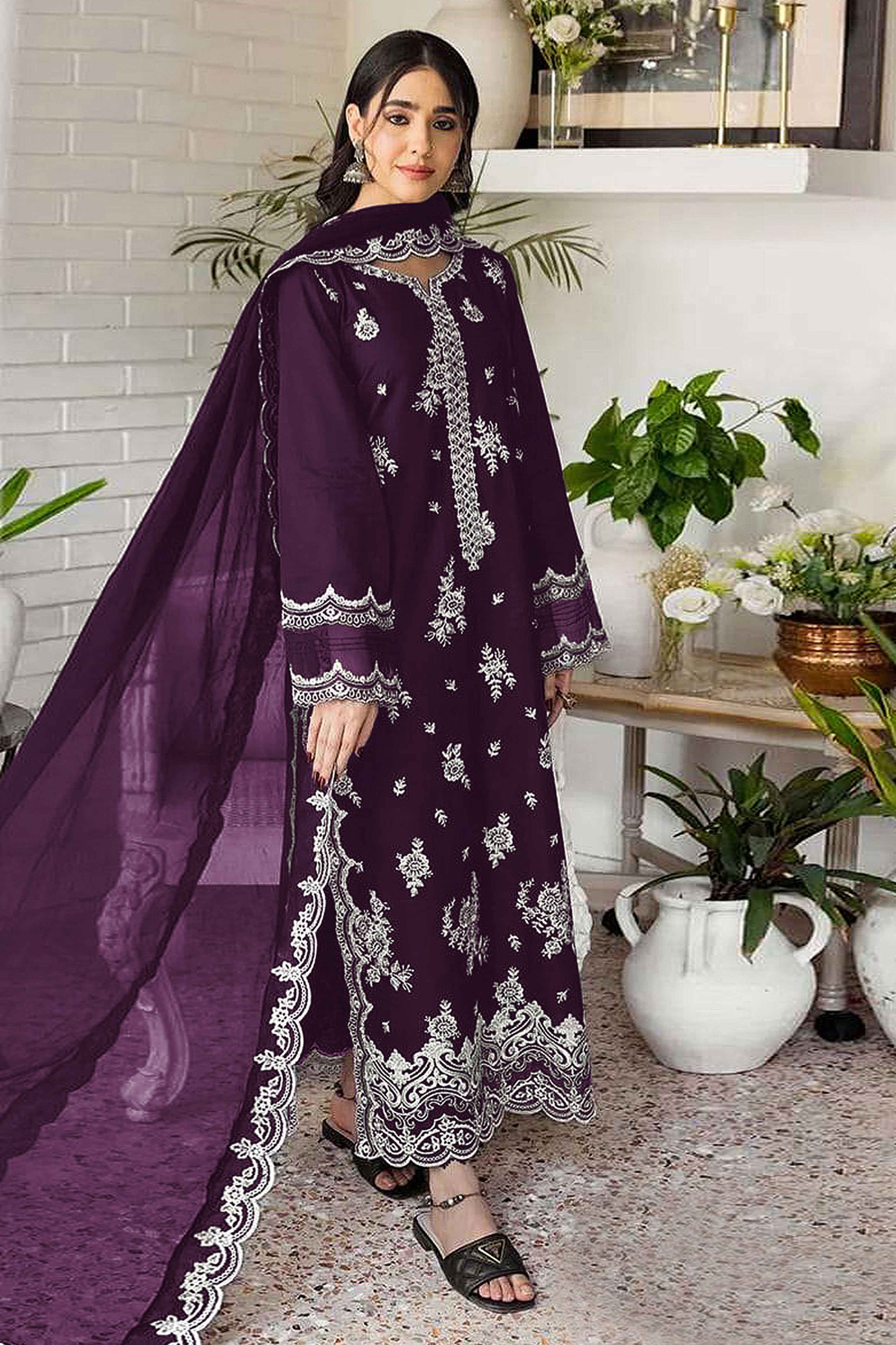Purple Floral Embroidery Georgette Semi Stitched Pakistani Suit