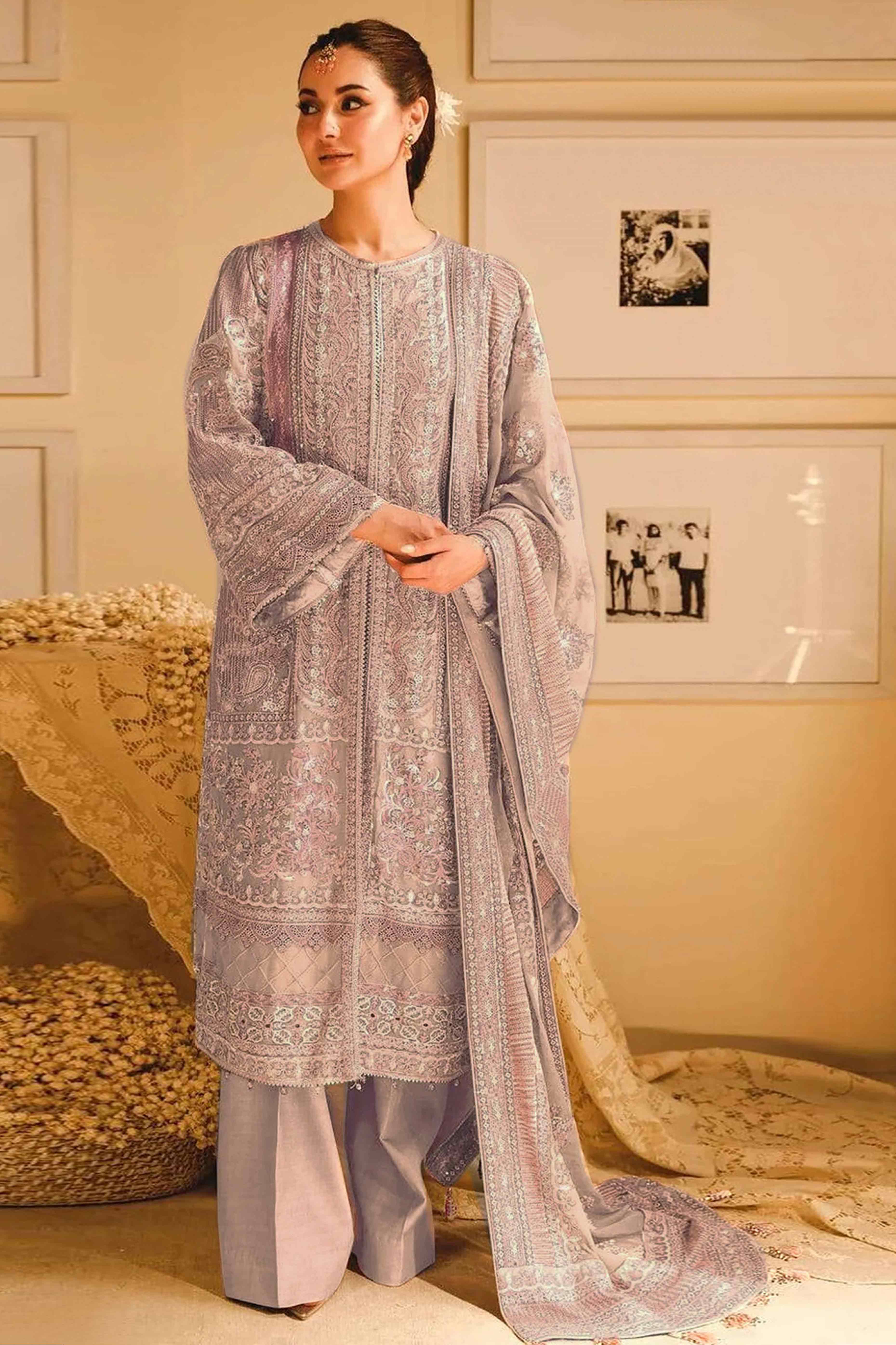 Beige Floral Sequins Embroidery Georgette Semi Stitched Pakistani Suit
