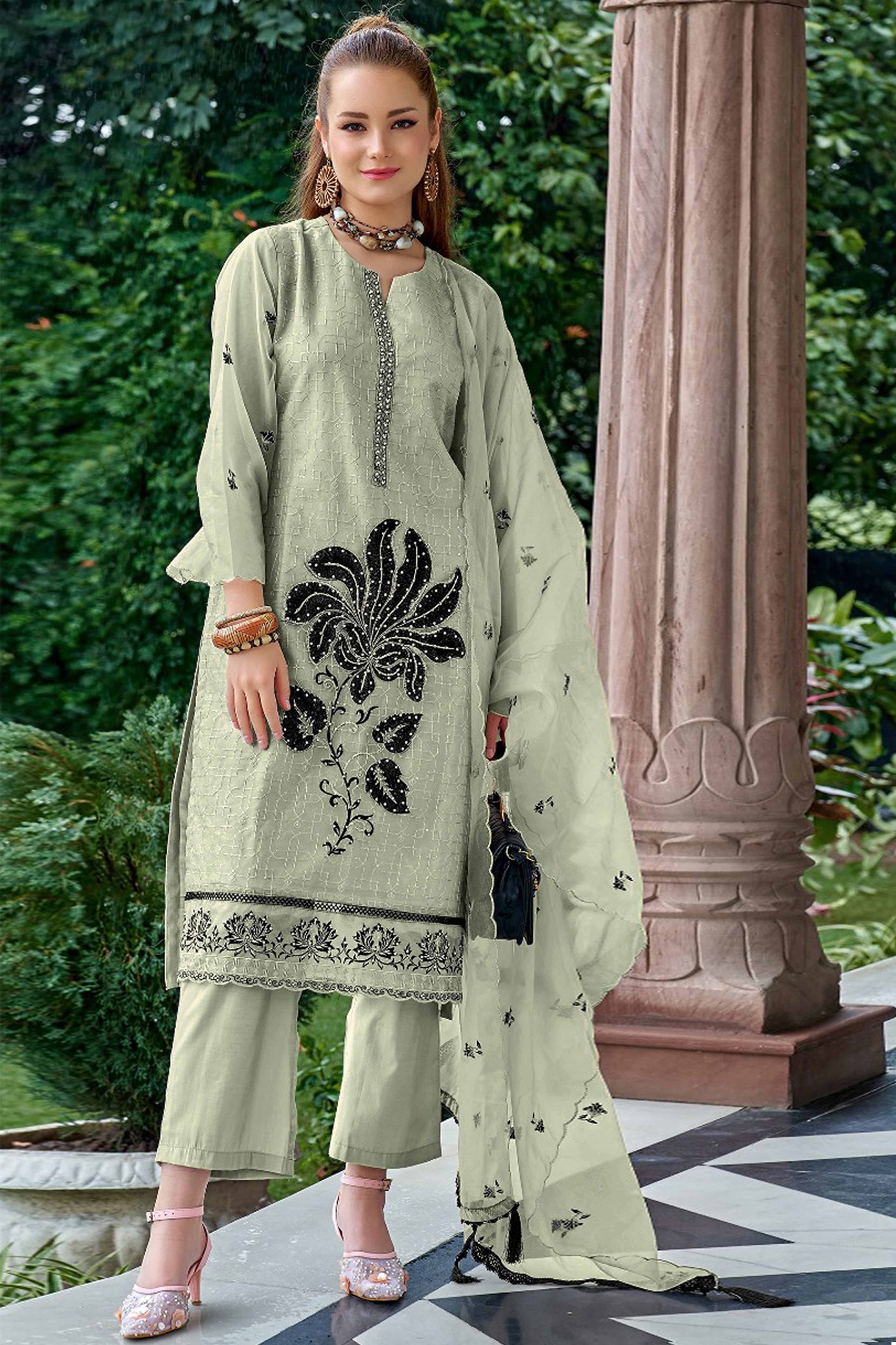 Pista Green Floral Sequins Embroidered Organza Semi Stitched Pakistani Suit