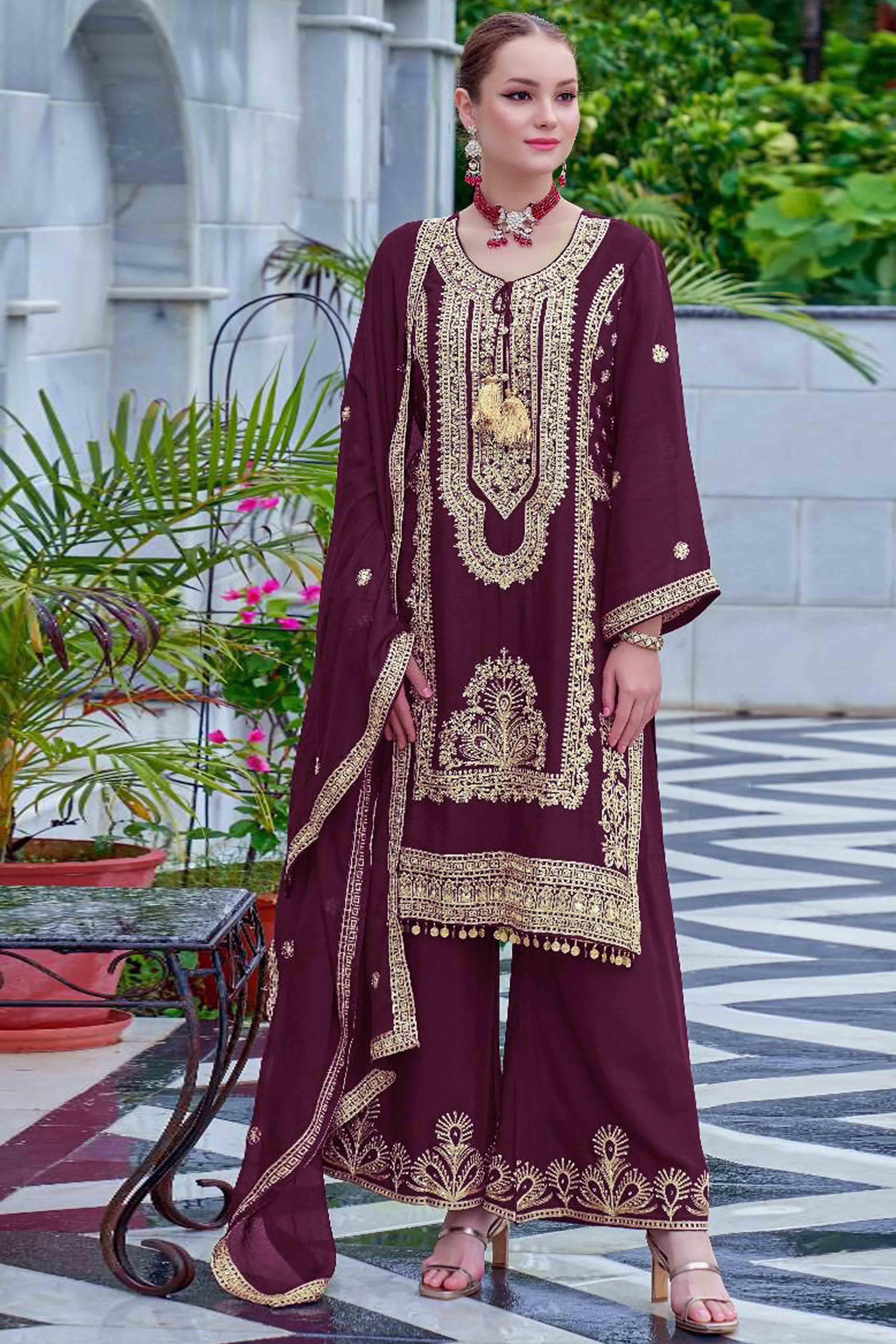 Wine Floral Sequins Embroidered Chinon Semi Stitched Pakistani Suit