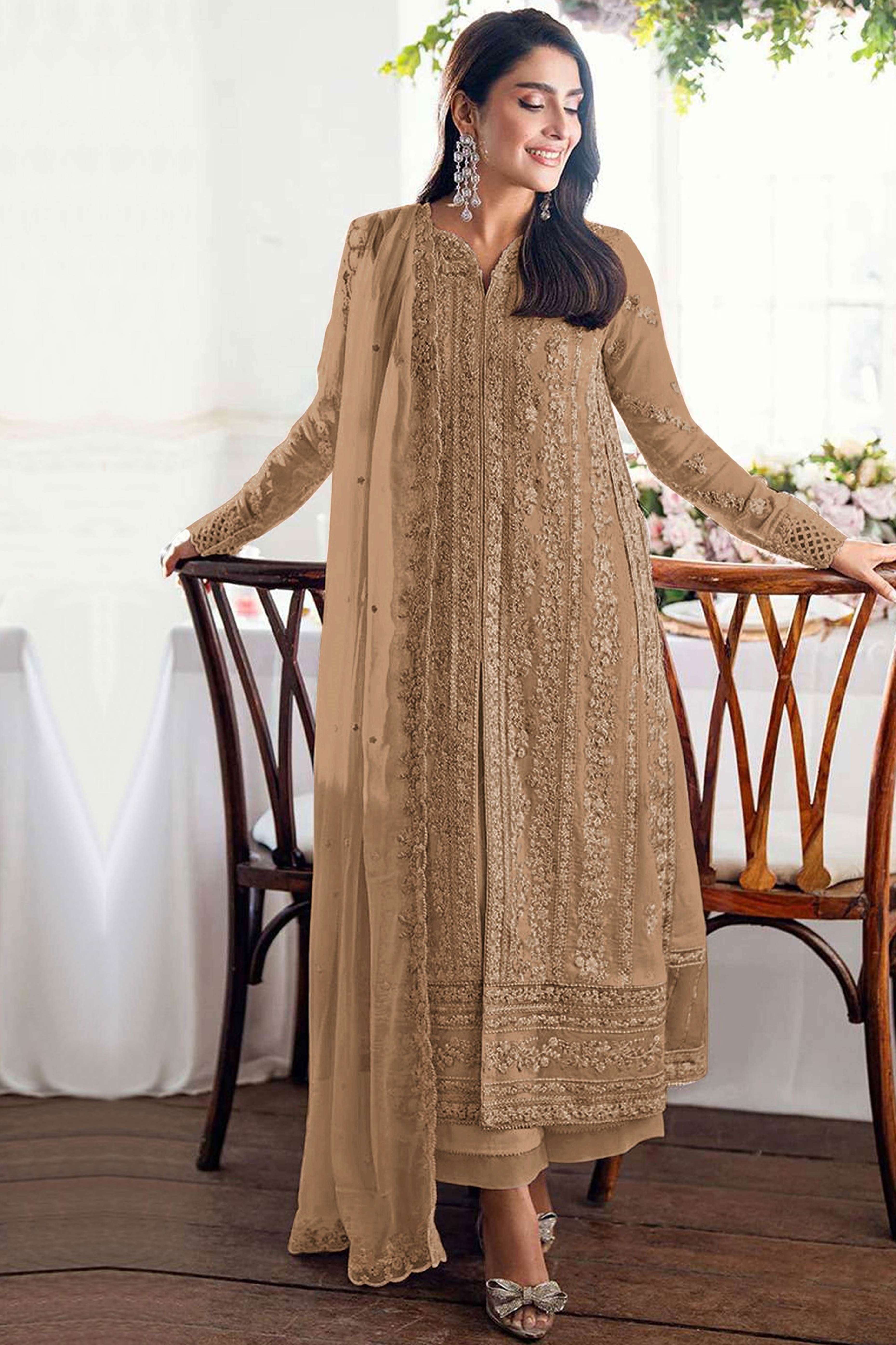 Beige Embroidered Georgette Semi-Stitched Pakistani Salwar Suit with Shimmering Sequins