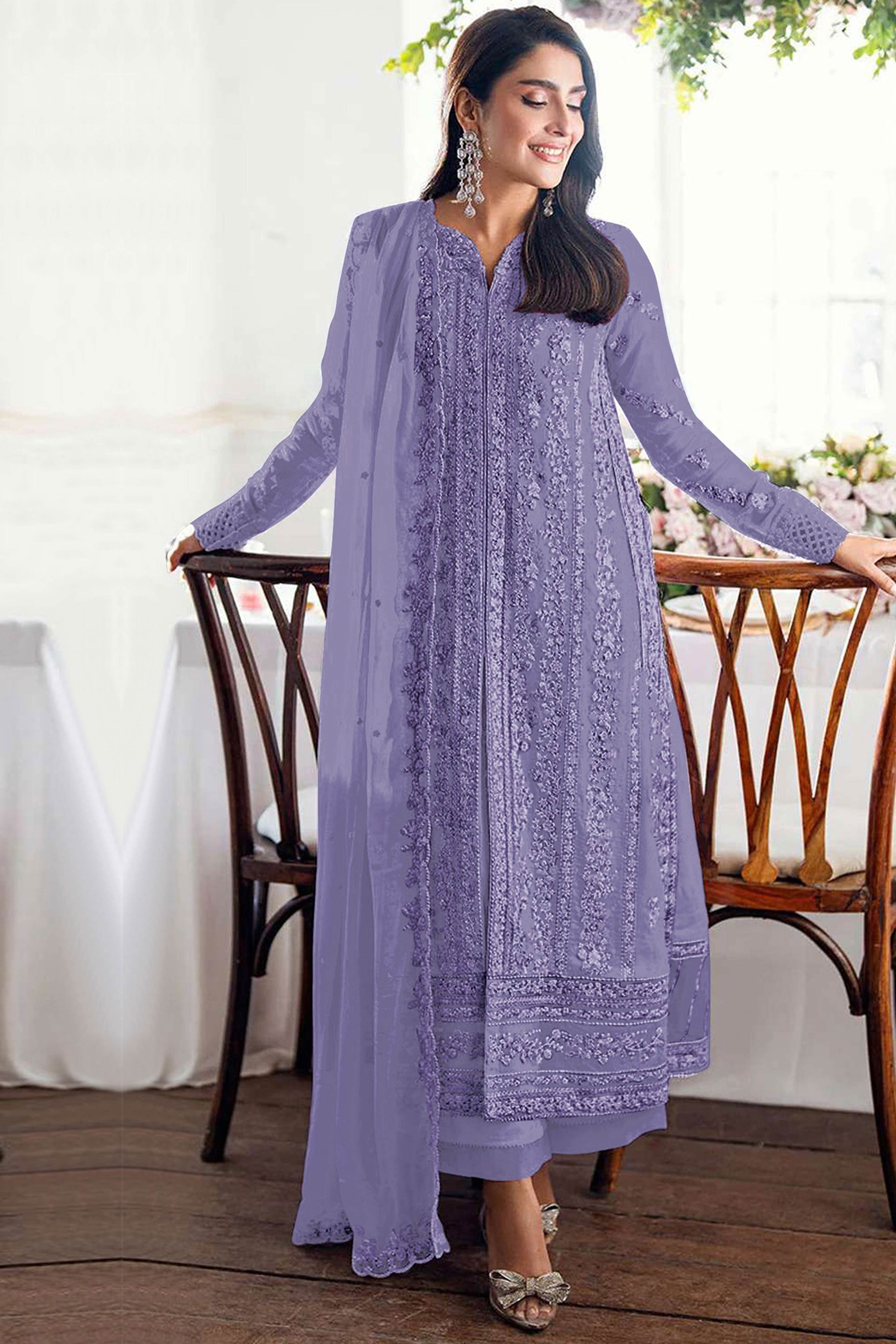 Lavender Embroidered Georgette Semi-Stitched Pakistani Salwar Suit with Shimmering Sequins