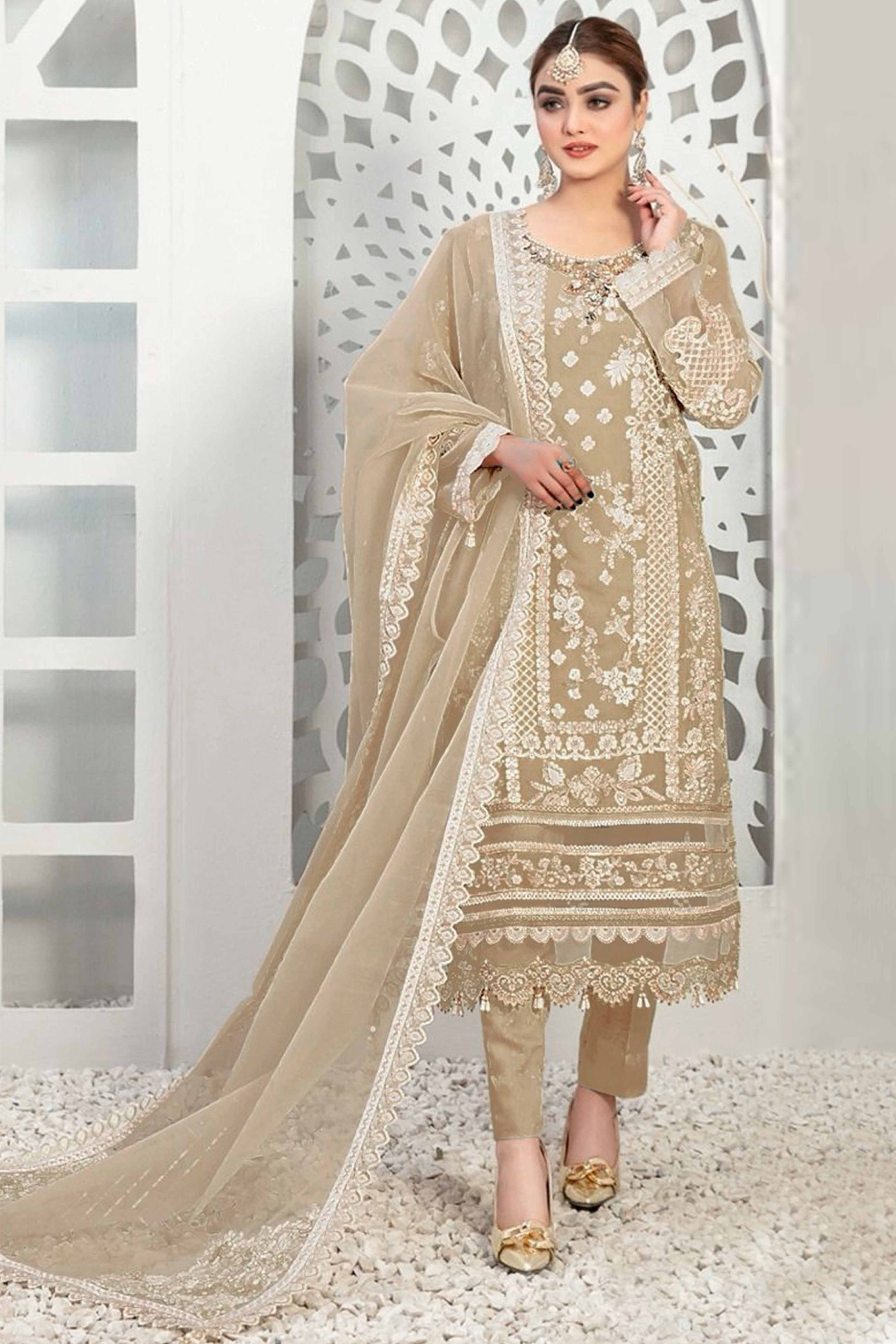 Beige Floral Embroidery With Moti Work Organza Semi Stitched Pakistani Suit