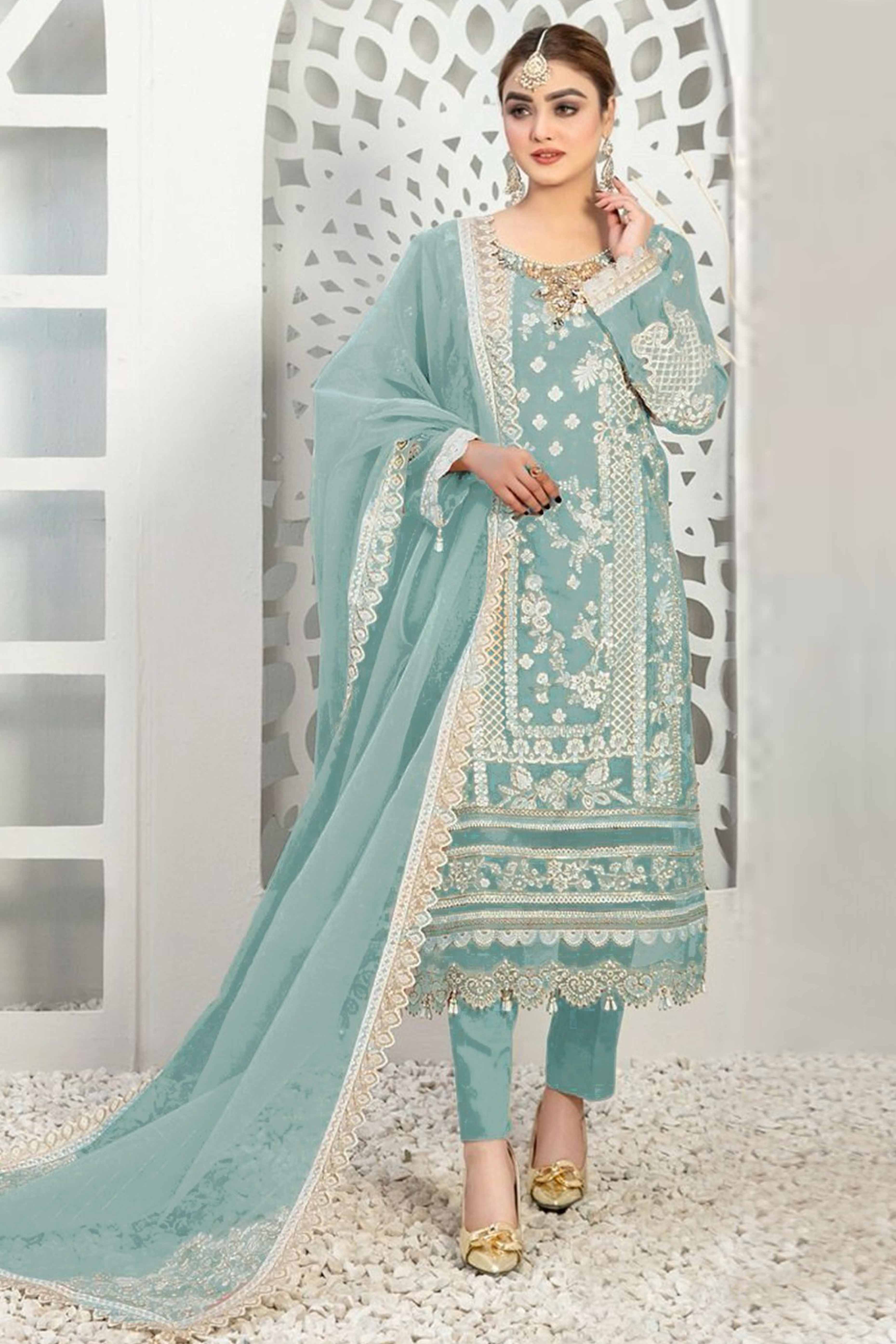 Blue Floral Embroidery With Moti Work Organza Semi Stitched Pakistani Suit