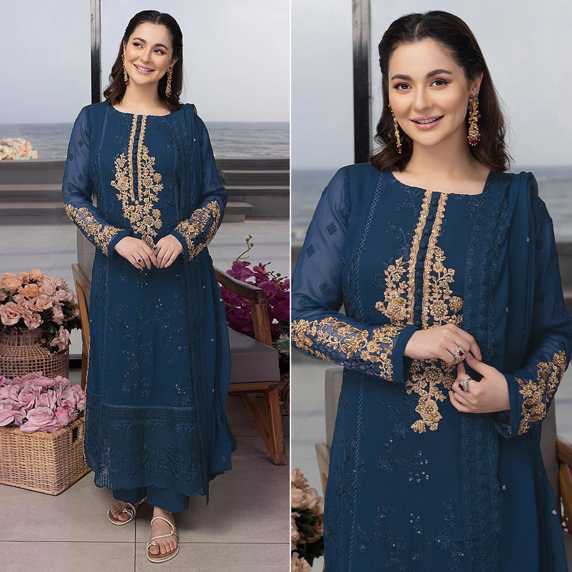 Blue Floral Embroidered Georgette Semi Stitched Pakistani Suit