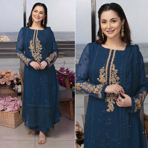 Blue Floral Embroidered Georgette Semi Stitched Pakistani Suit