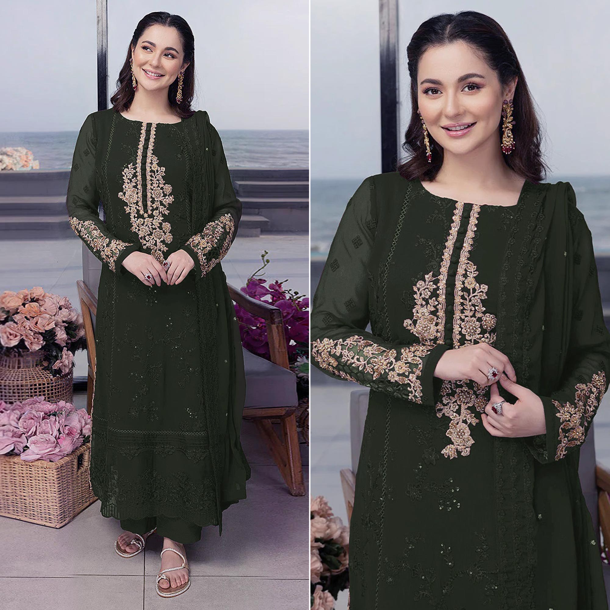 Green Floral Embroidered Georgette Semi Stitched Pakistani Suit
