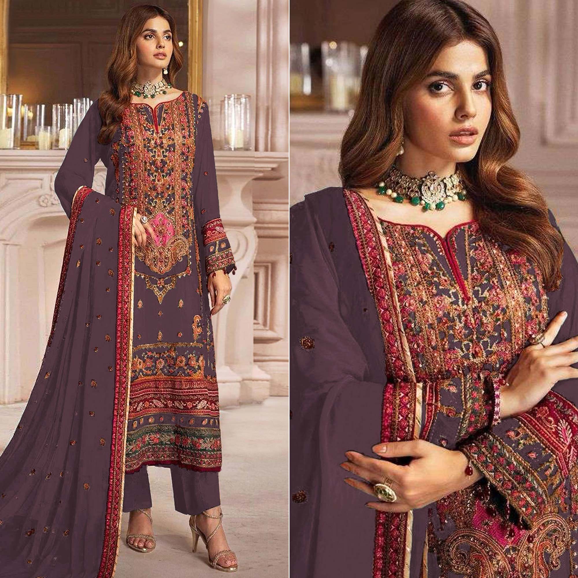Dark Mauve Embroidered Georgette Pakistani Dress Material