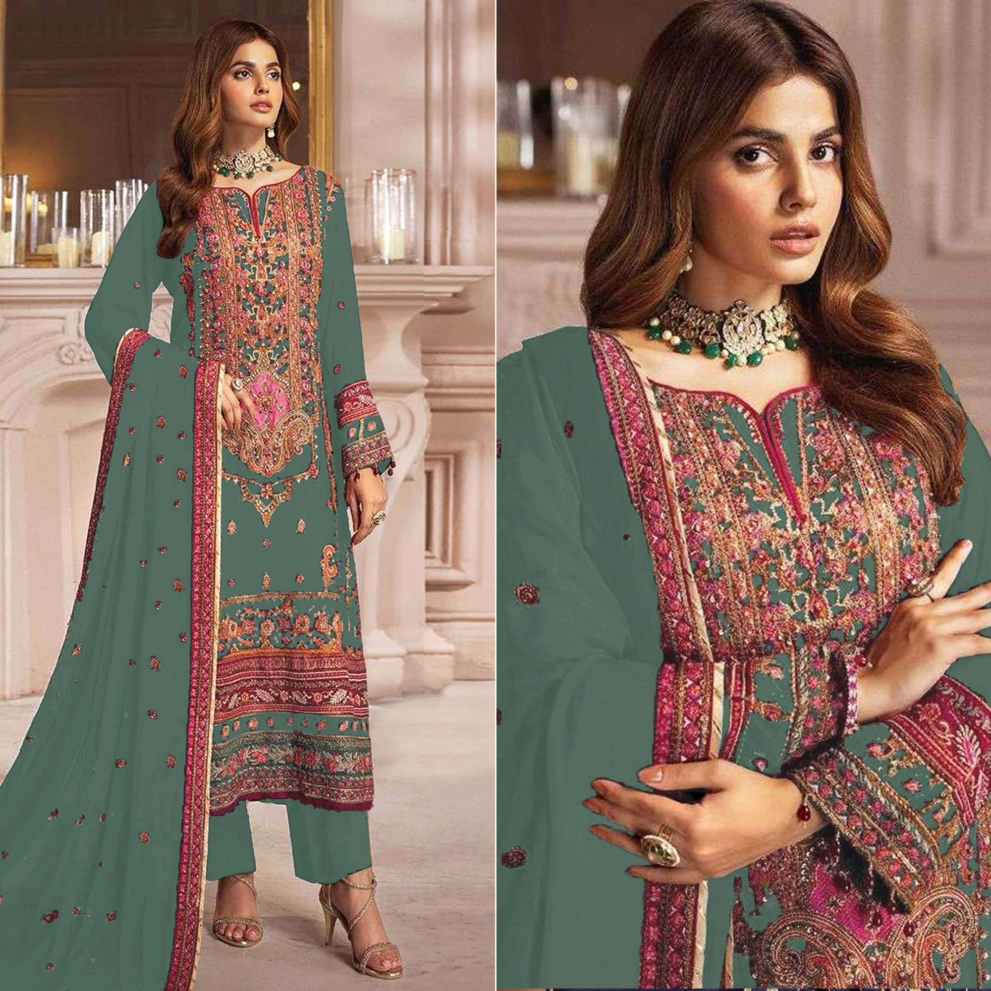 Dusty Green Embroidered Georgette Pakistani Dress Material