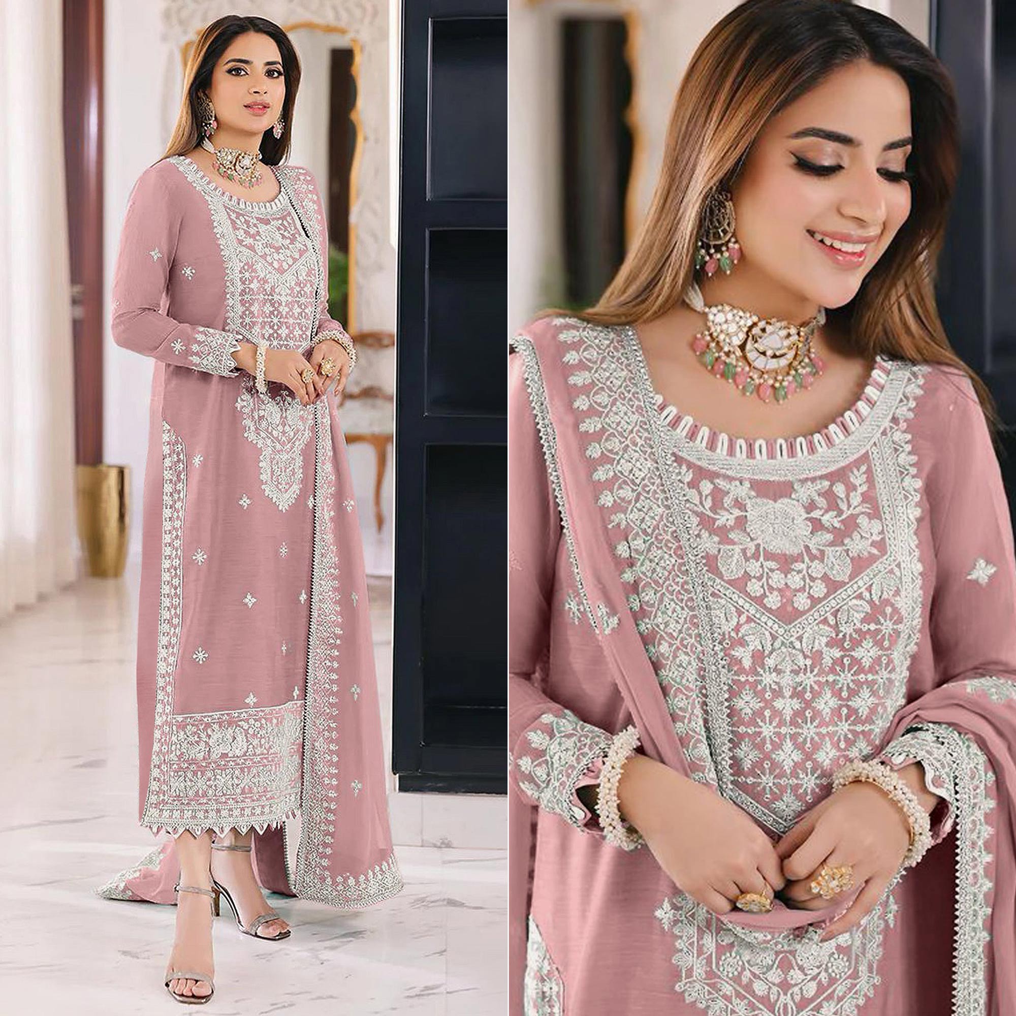 Pink Embroidered Organza Pakistani Semi Stitched Dress Material