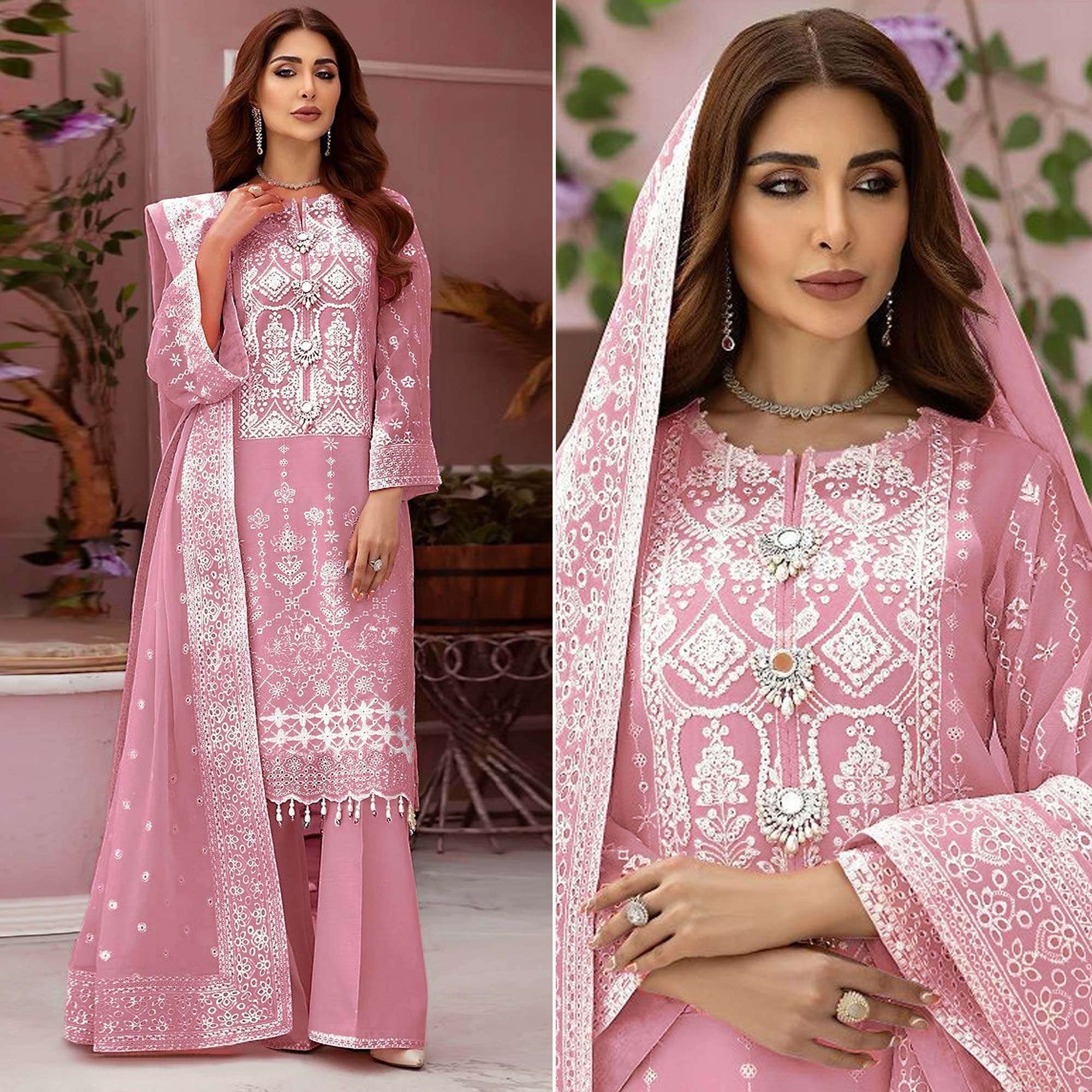 Light Pink Embroidered Organza Pakistani Semi Stitched Dress Material