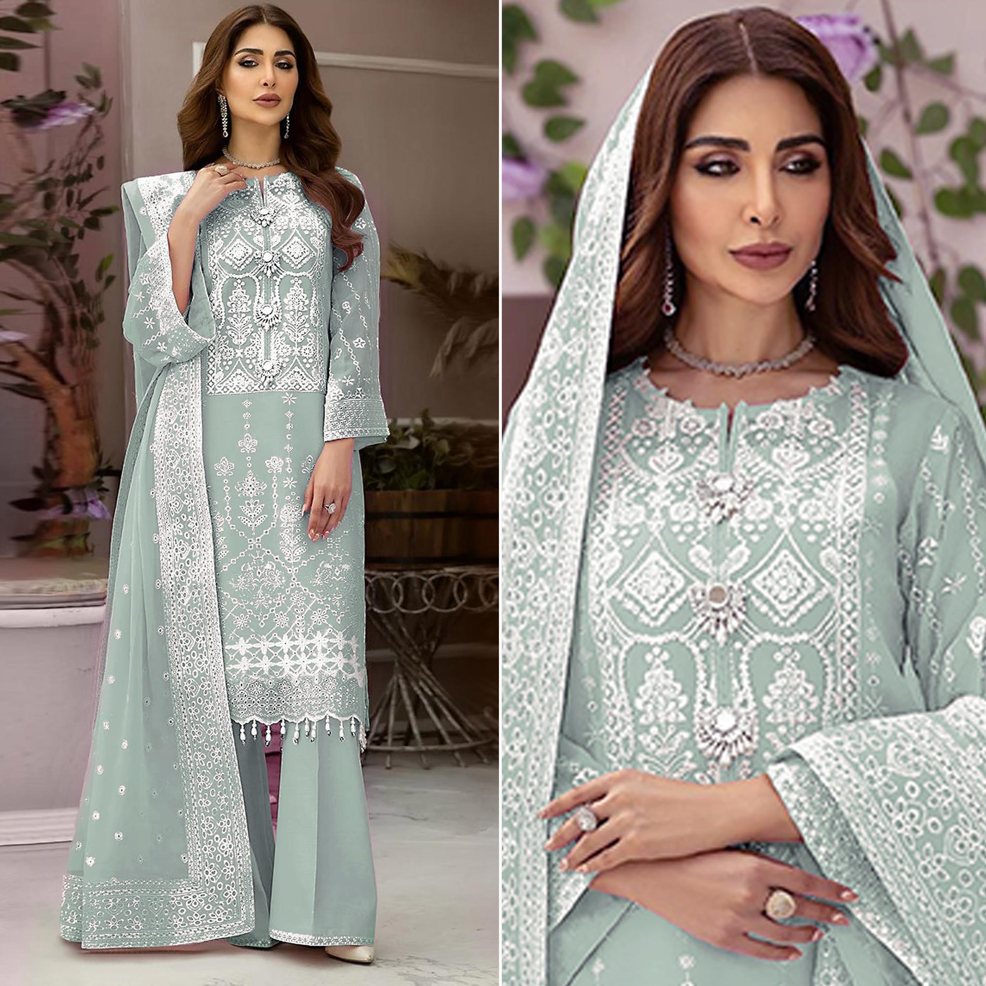 Sea Green Embroidered Organza Pakistani Semi Stitched Dress Material