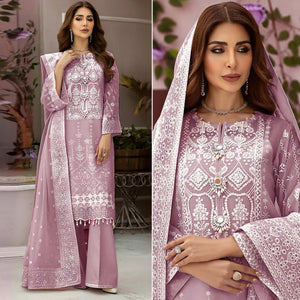 Light Purple Embroidered Organza Pakistani Semi Stitched Dress Material