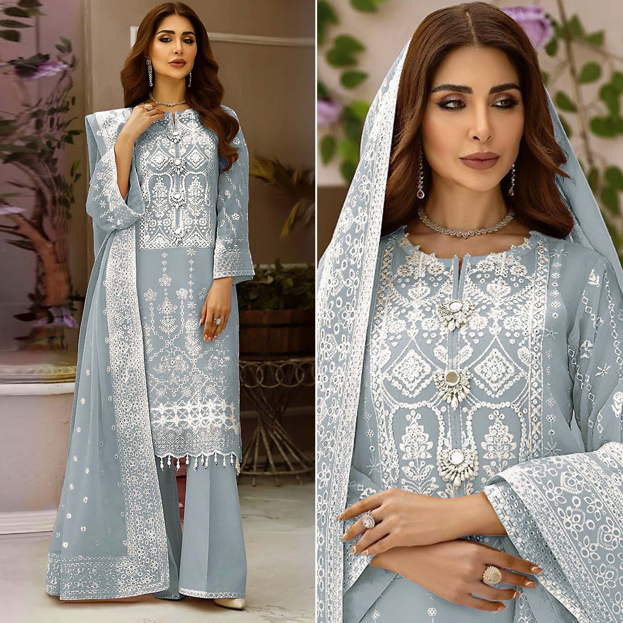 Sky Blue Embroidered Organza Pakistani Semi Stitched Dress Material