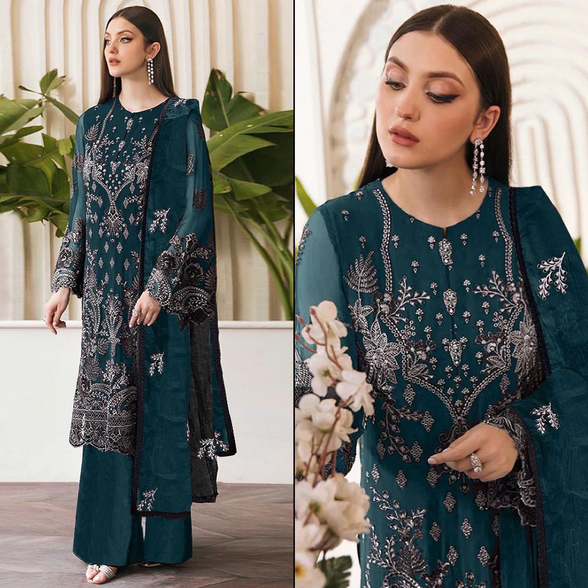 Teal Embroidered Georgette Pakistani Semi Stitched Dress Material