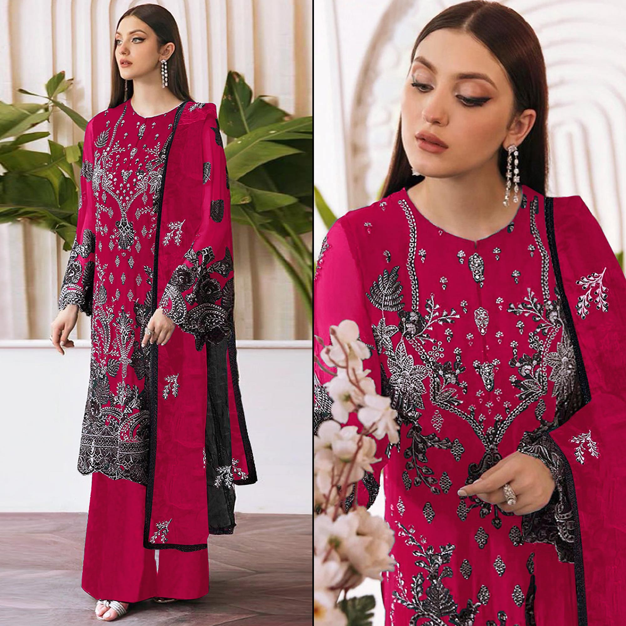 Magenta Embroidered Georgette Pakistani Semi Stitched Dress Material