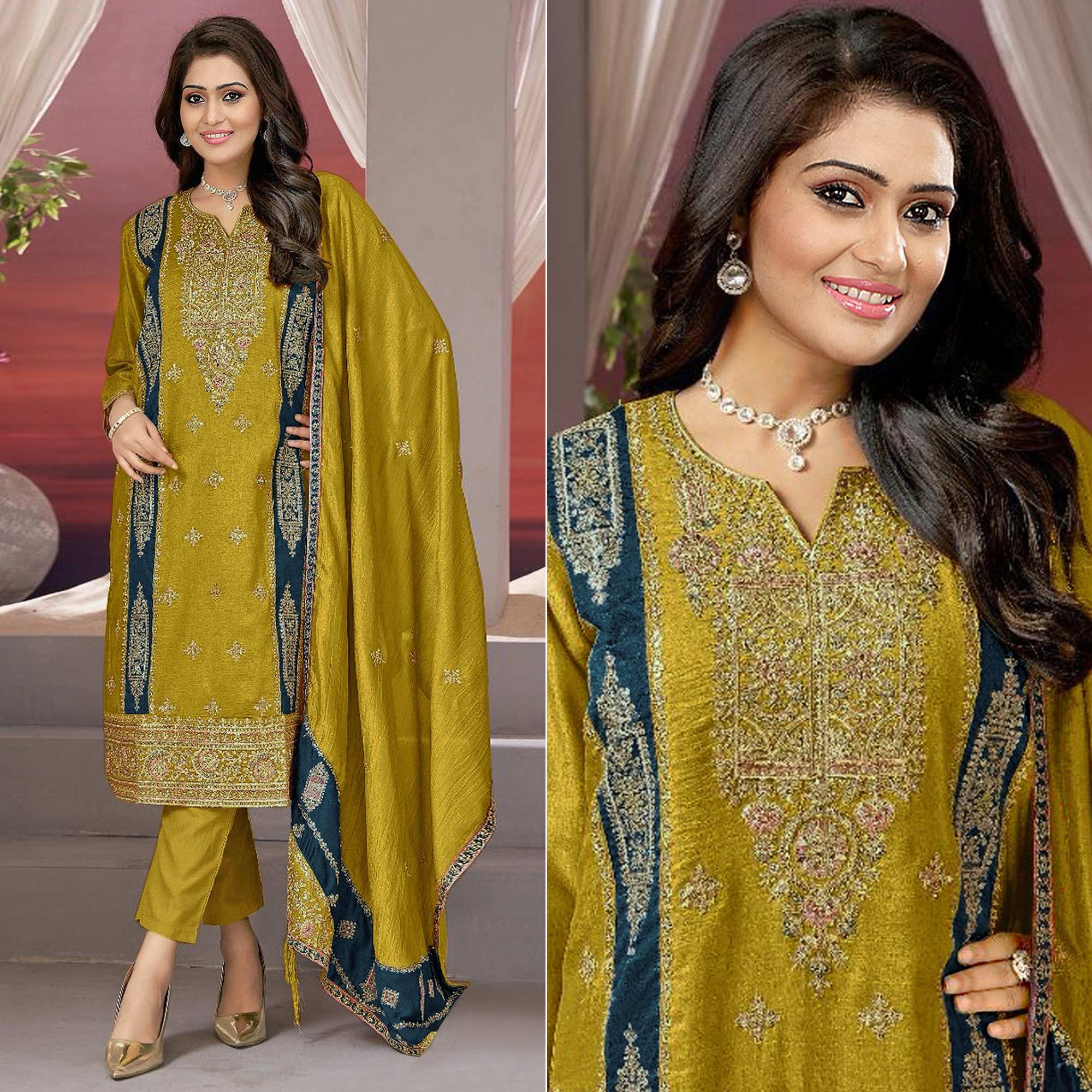 Mustard Floral Embroidered Vichitra Silk Semi Stitched Pakistani Suit