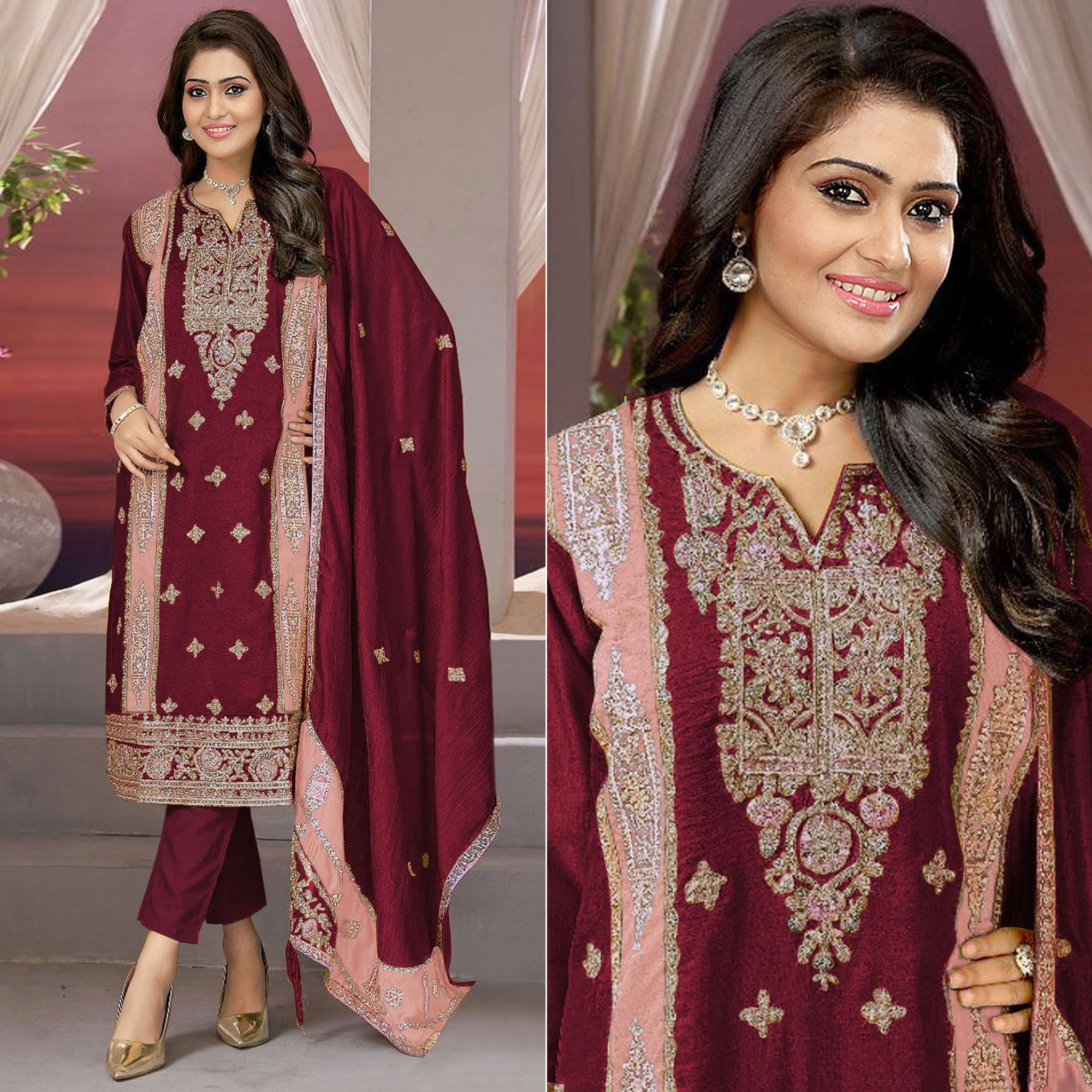 Maroon Floral Embroidered Vichitra Silk Semi Stitched Pakistani Suit