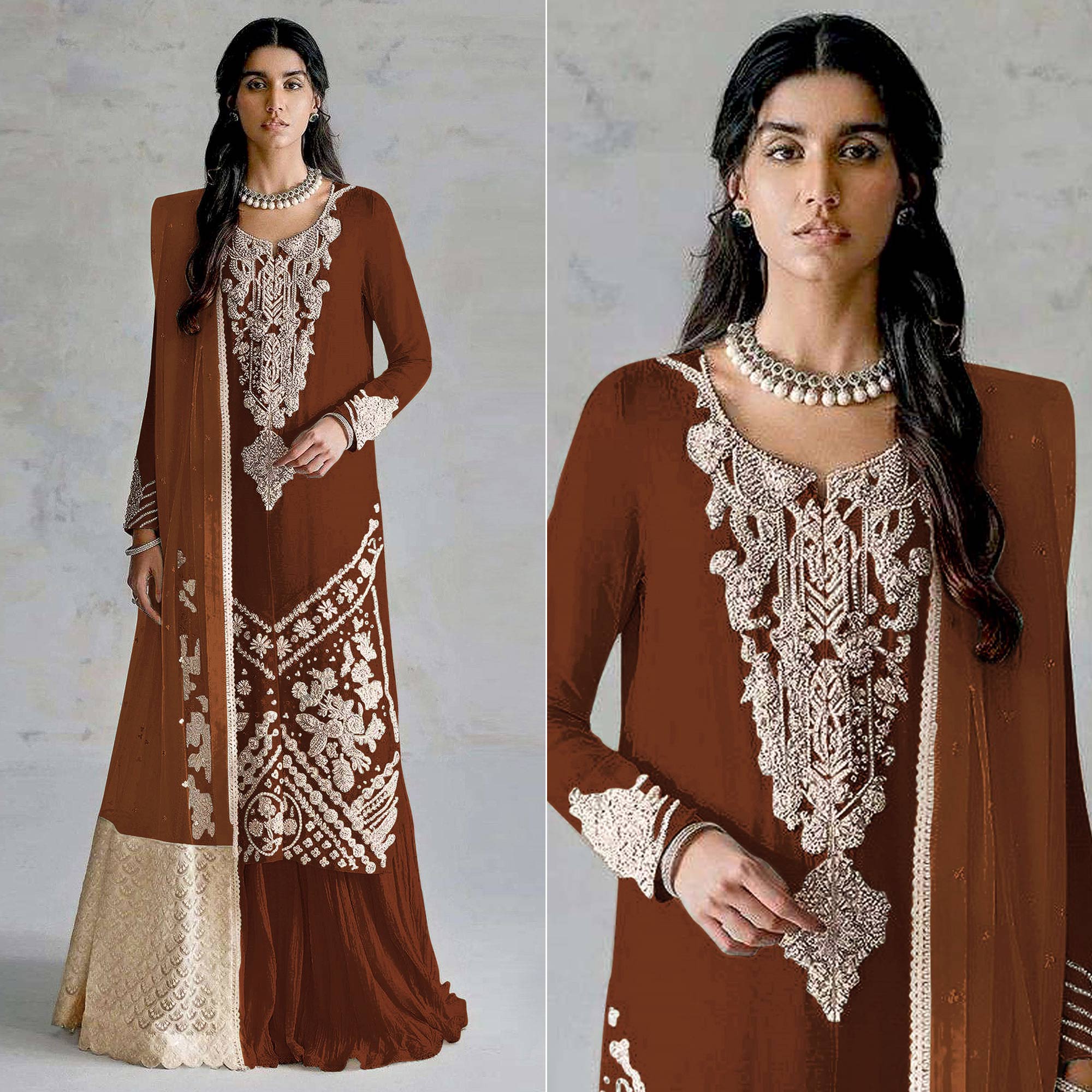 Brown Embroidered Georgette Pakistani Dress Material