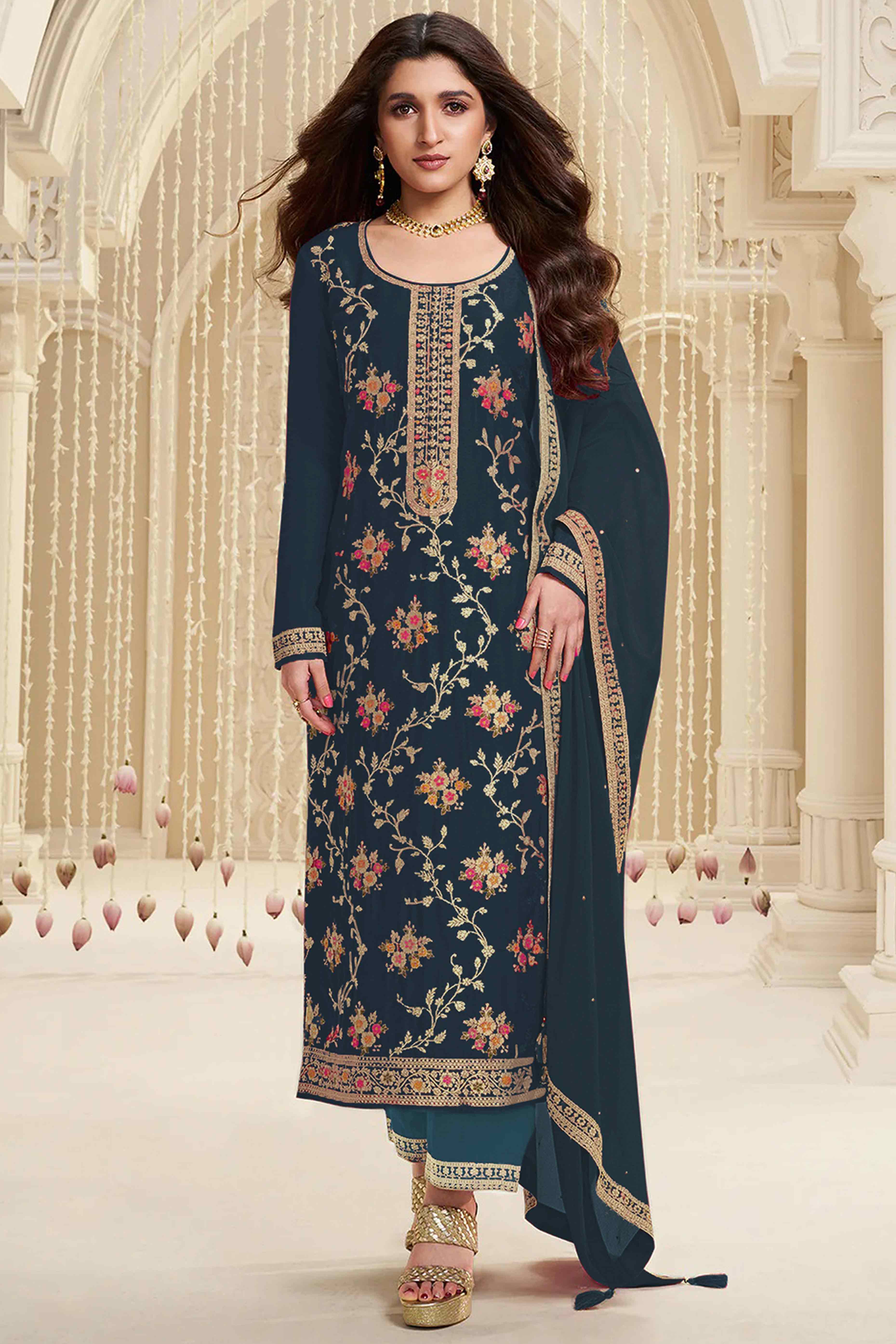 Dark Rama Blue Floral Woven With Embroidered Viscose Semi Stitched Suit