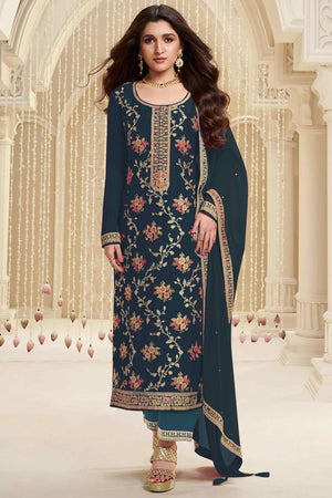 Dark Rama Blue Floral Woven With Embroidered Viscose Semi Stitched Suit