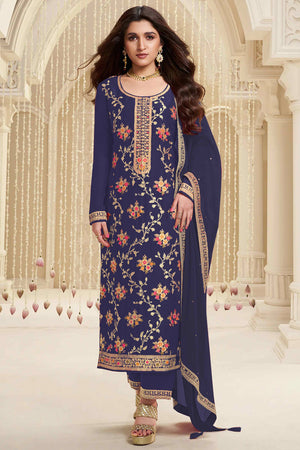 Blue Floral Woven With Embroidered Viscose Semi Stitched Suit