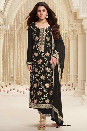 Black Floral Woven With Embroidered Viscose Semi Stitched Suit