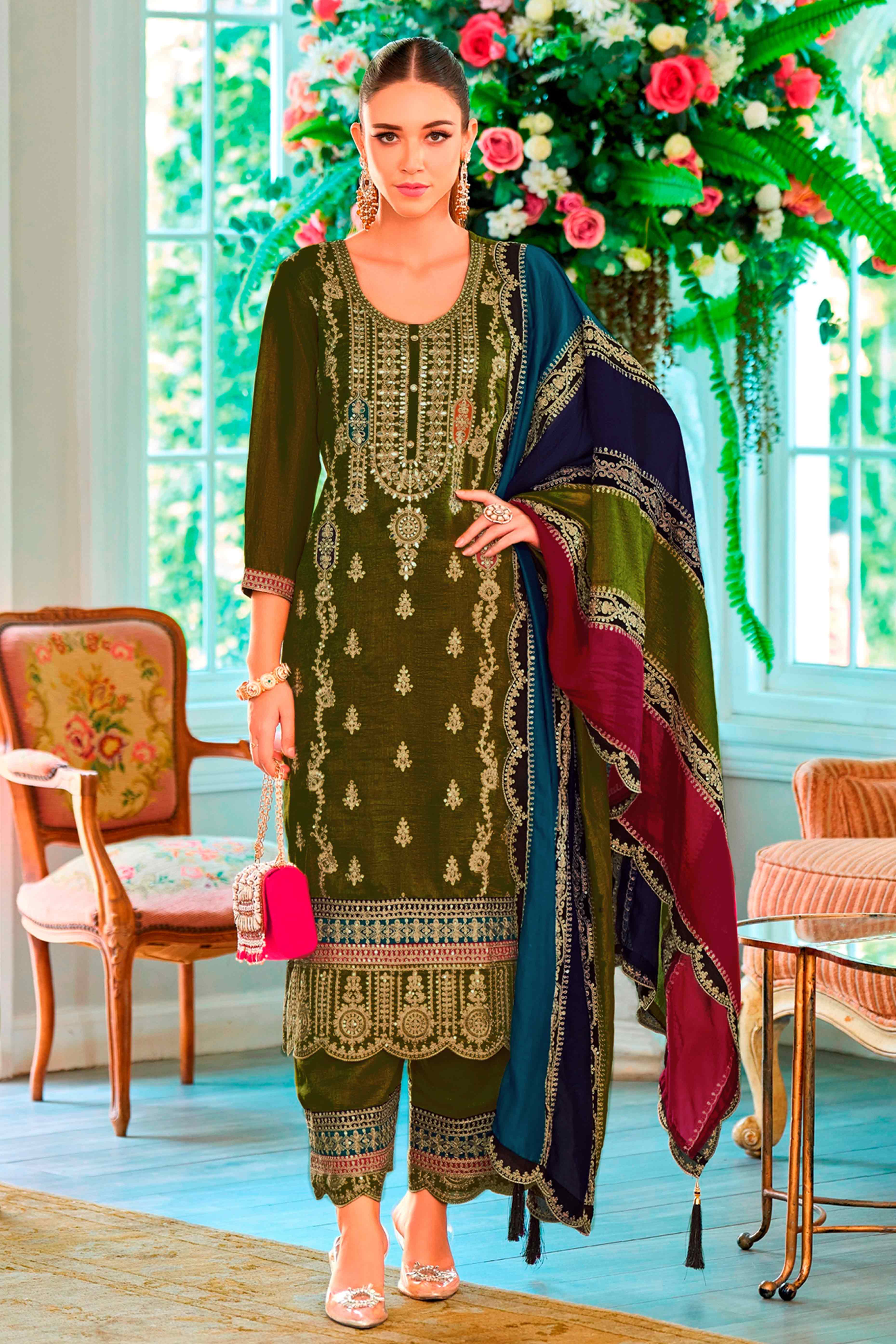 Mehendi Green Floral Sequins Embroidered Chinon Semi Stitched Palazzo Suit