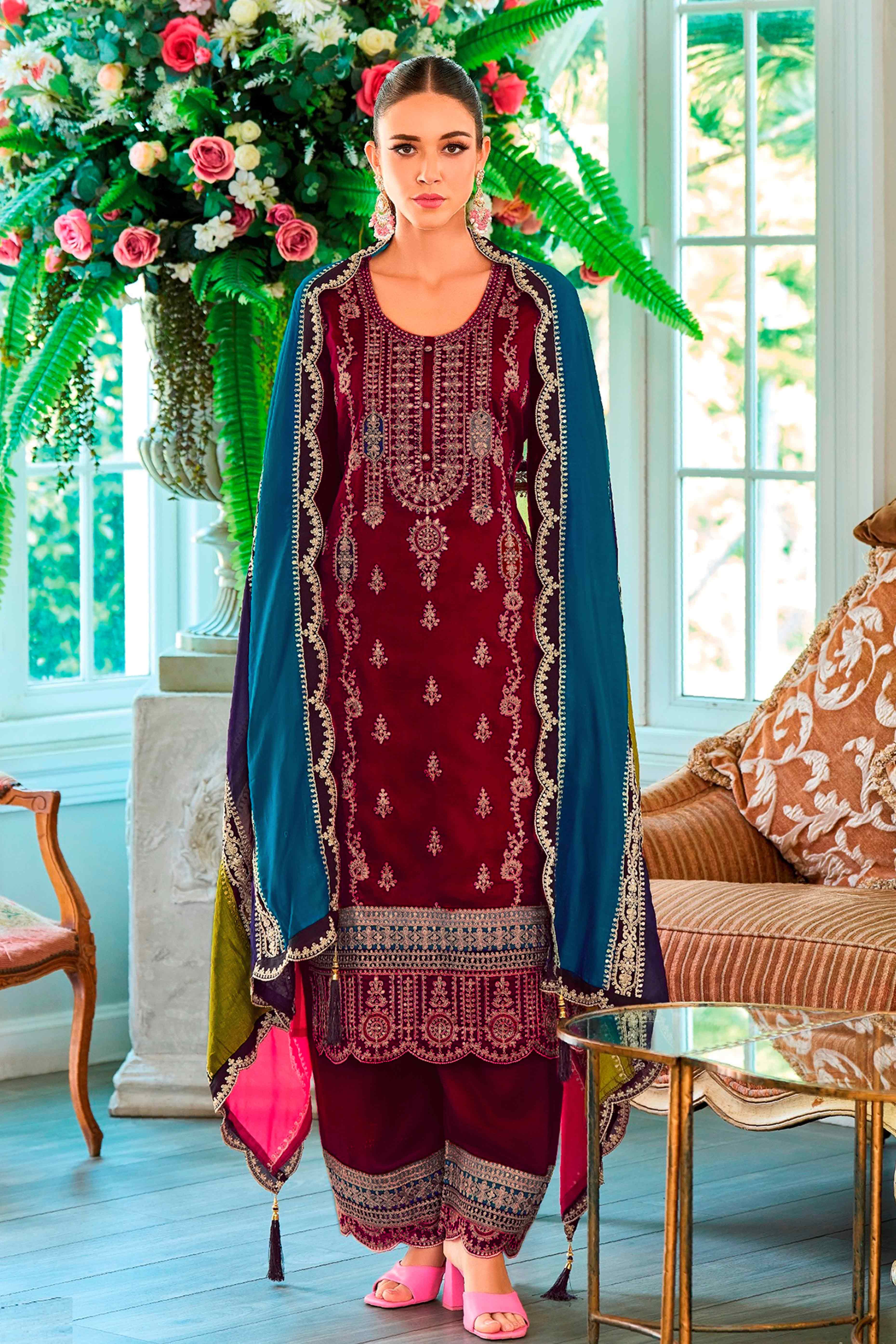 Rani Pink Floral Sequins Embroidered Chinon Semi Stitched Palazzo Suit