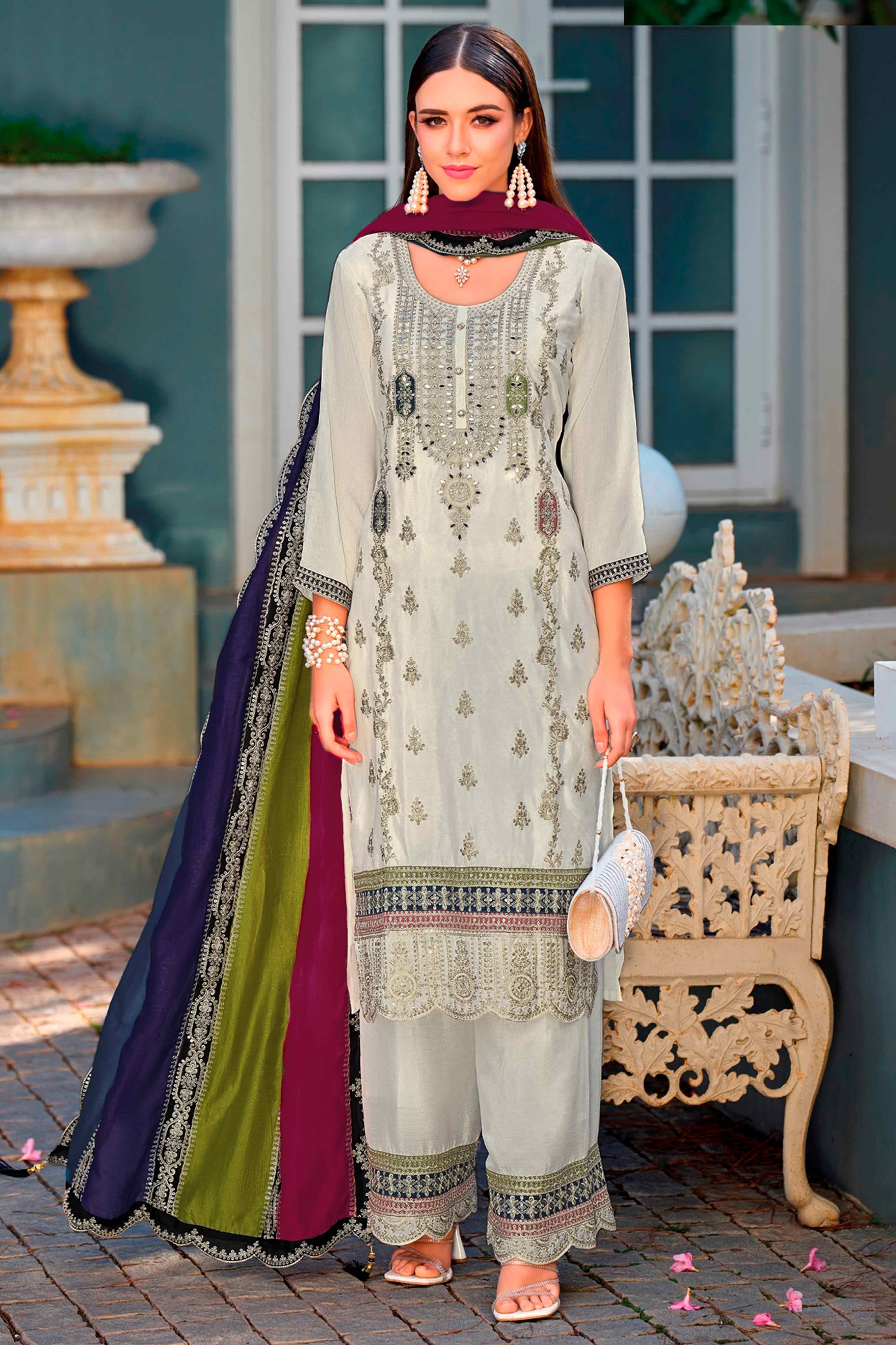 Cream Floral Sequins Embroidered Chinon Semi Stitched Palazzo Suit