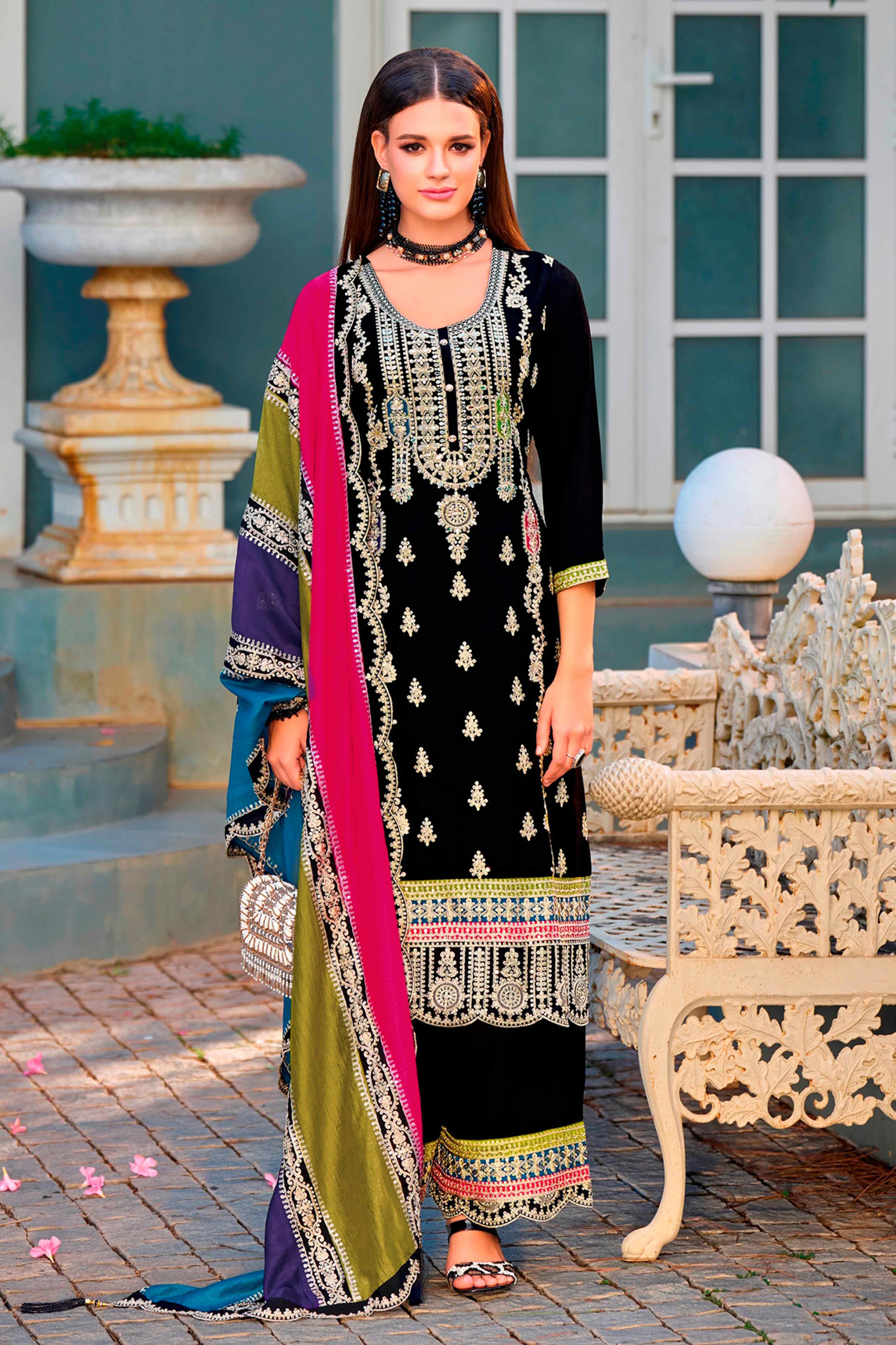 Black Floral Sequins Embroidered Chinon Semi Stitched Palazzo Suit