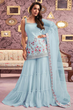 Sky Blue Floral Sequins Embroidery Georgette Semi Stitched Pakistani Suit