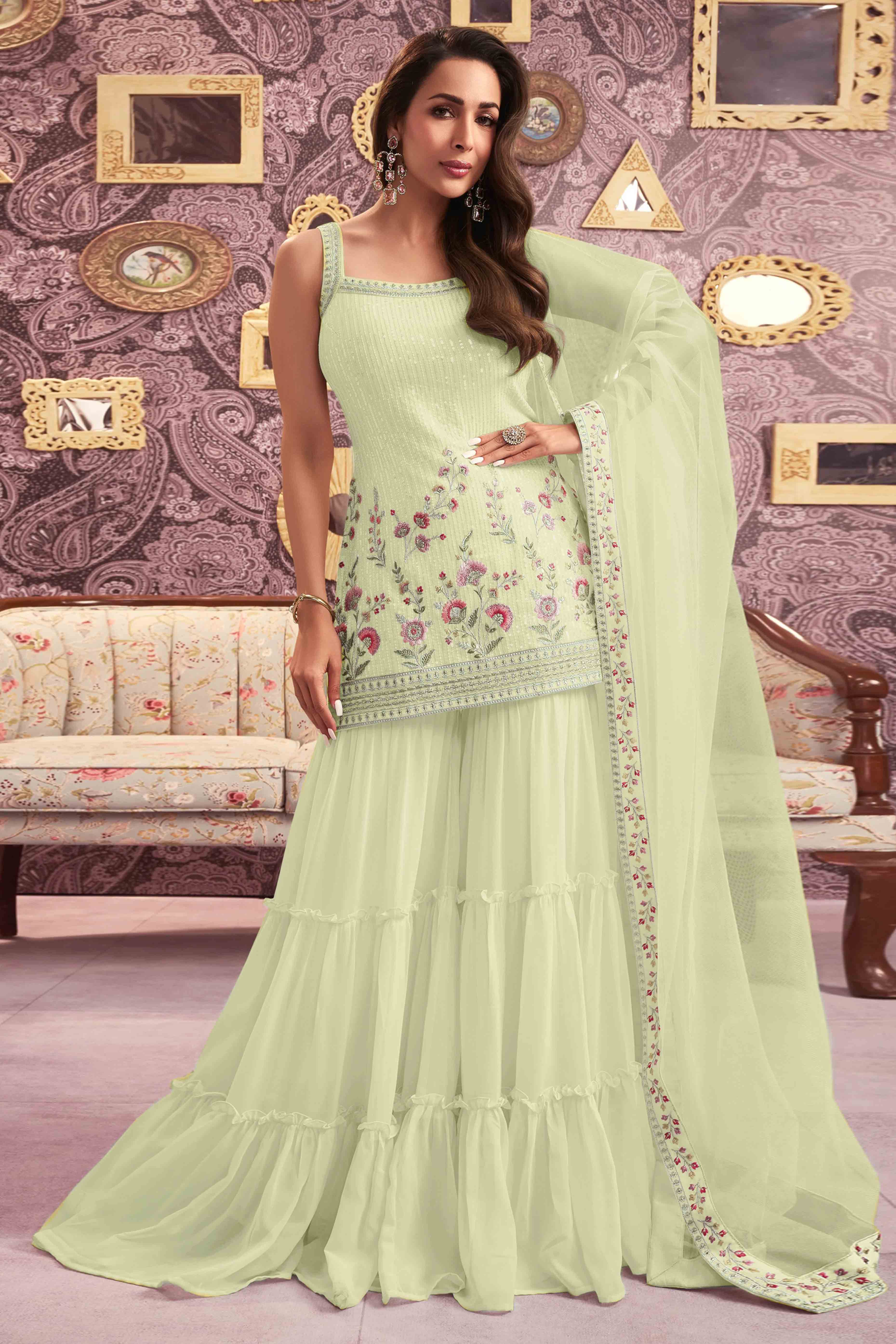 Light Yellow Floral Sequins Embroidery Georgette Semi Stitched Pakistani Suit