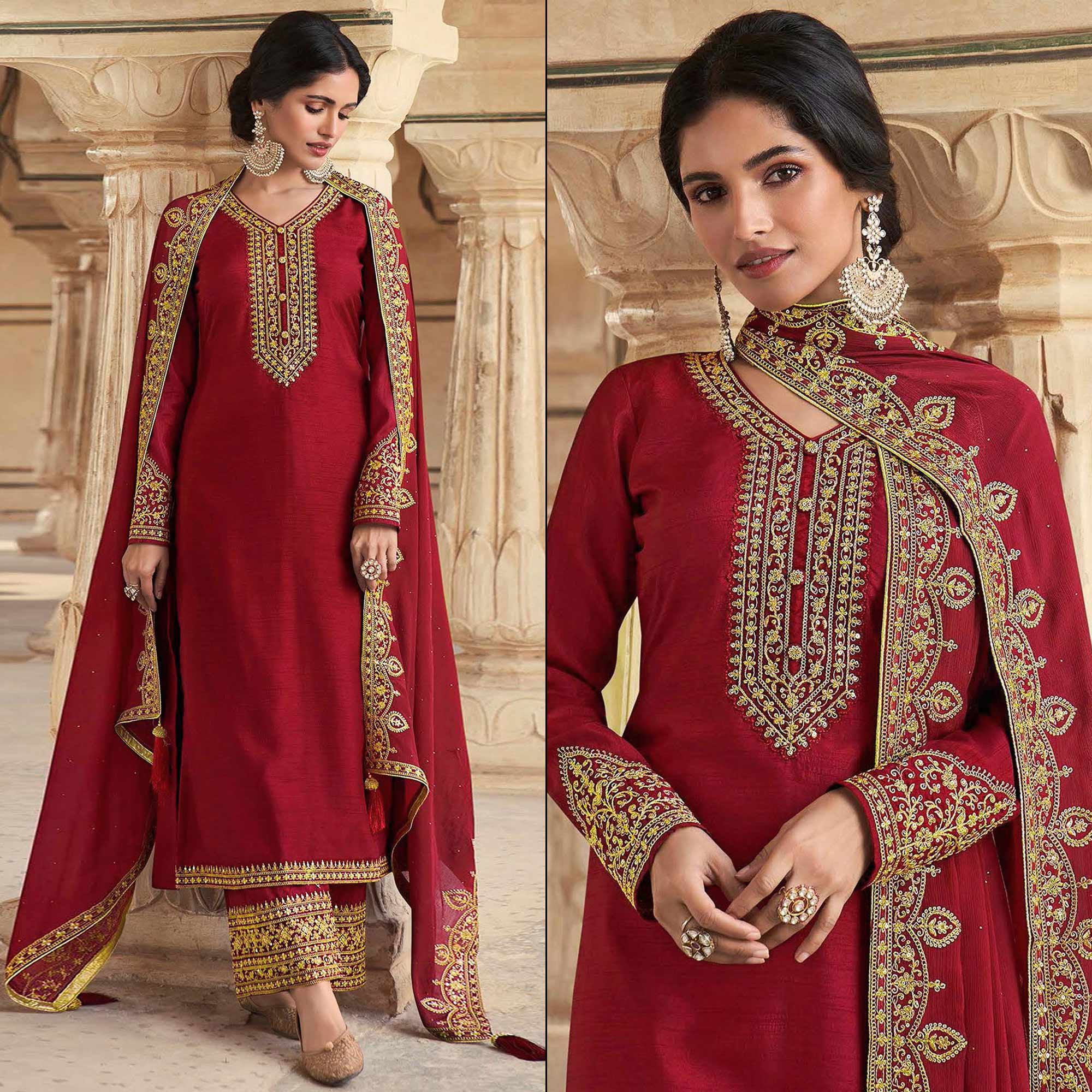 Maroon Floral Sequins Embroidered Dola Silk Palazzo Suit