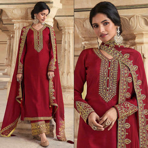 Maroon Floral Sequins Embroidered Dola Silk Palazzo Suit