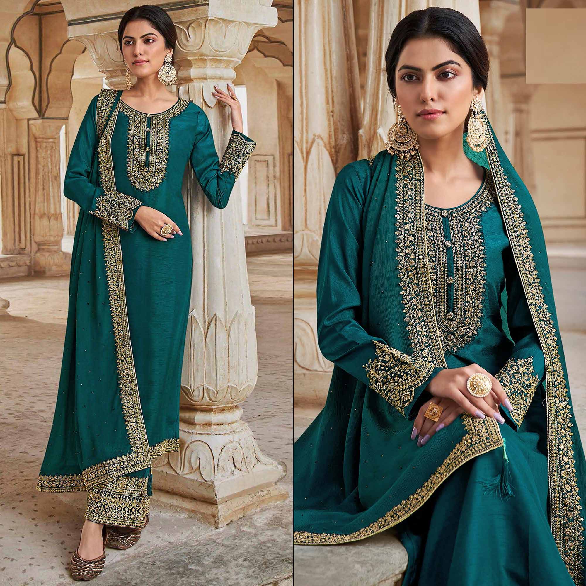 Aqua Blue Floral Sequins Embroidered Dola Silk Palazzo Suit