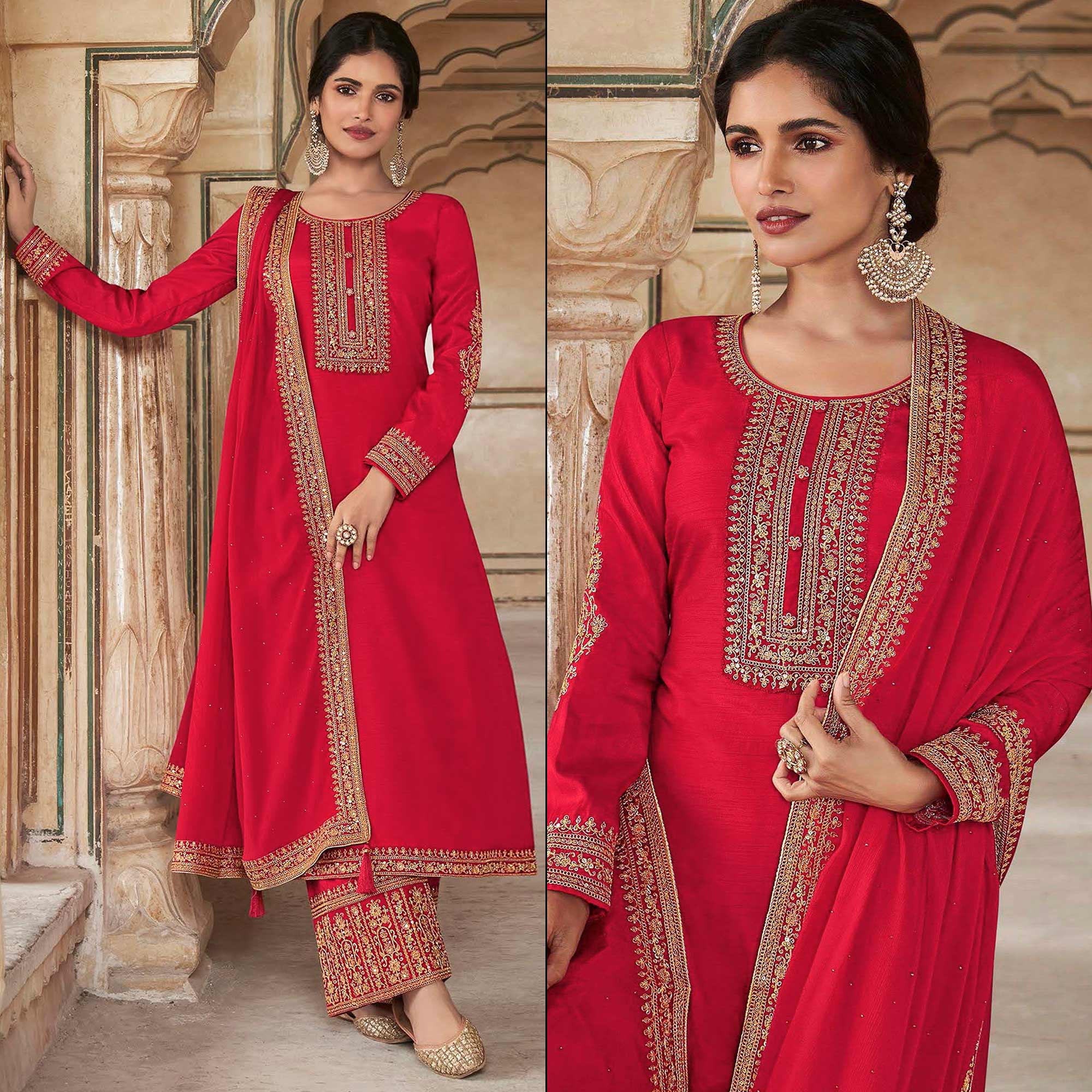 Pink Floral Sequins Embroidered Dola Silk Palazzo Suit