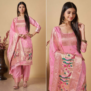 Baby Pink Floral Woven Banarasi Silk Paithani Dress Material