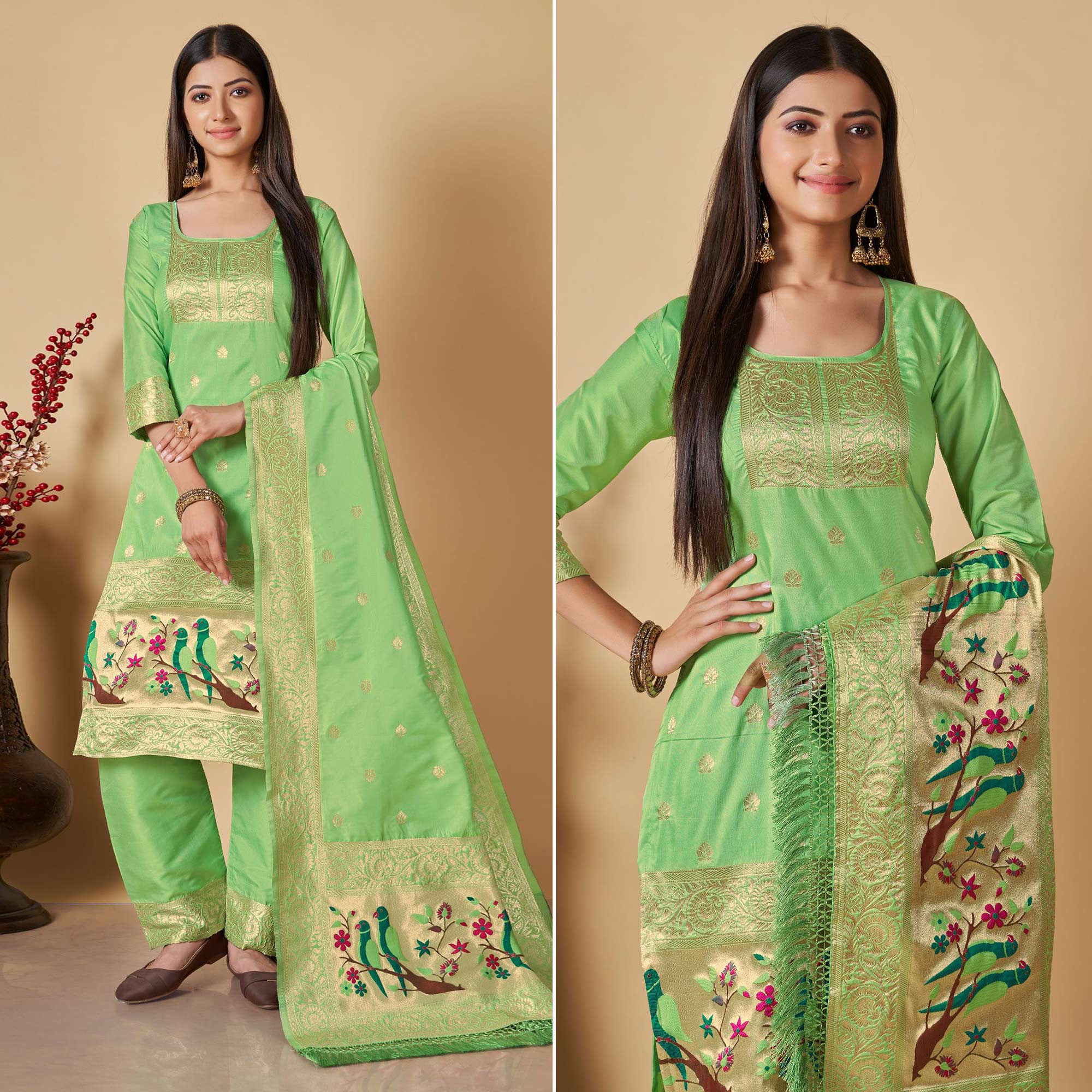 Pista Green Floral Woven Banarasi Silk Paithani Dress Material