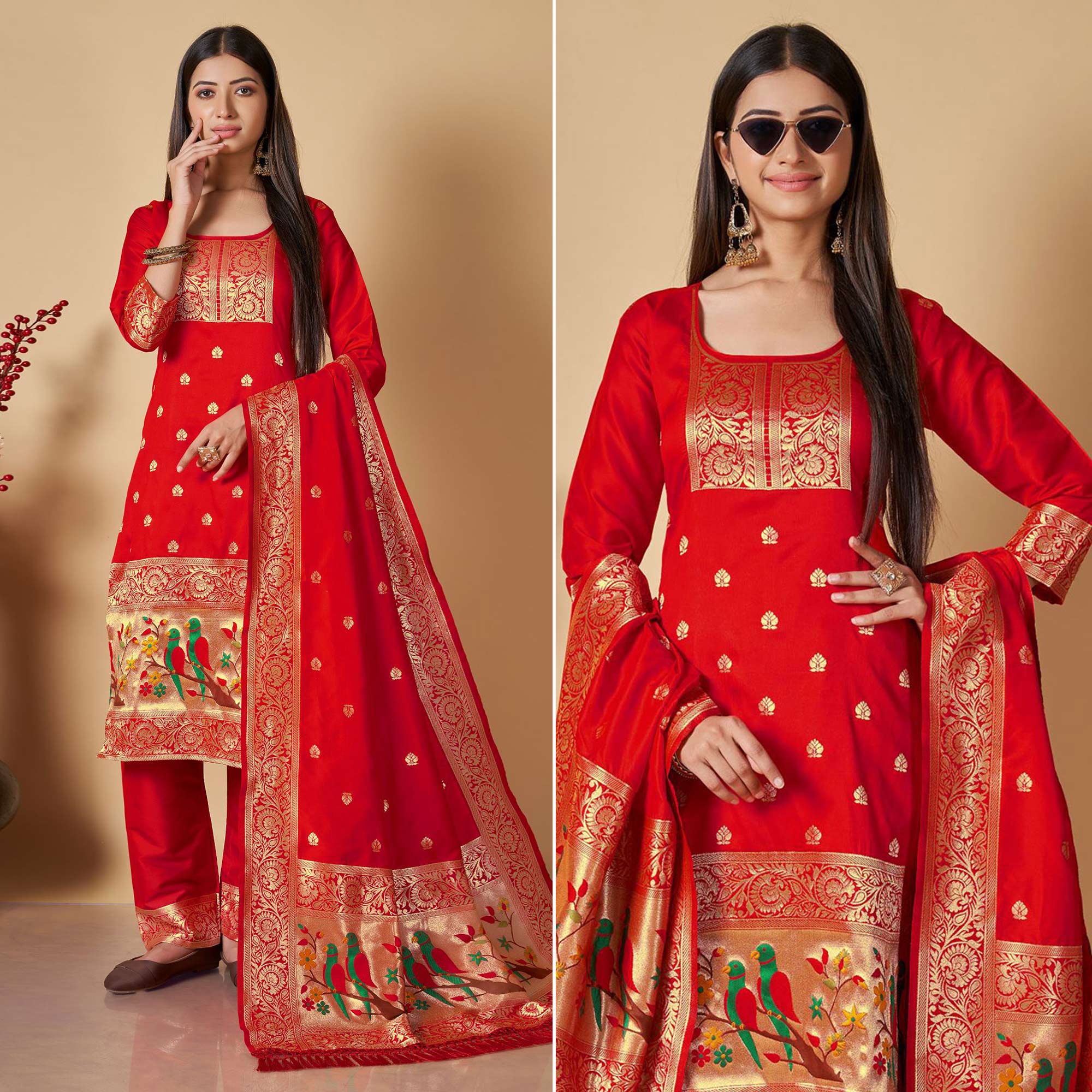 Red Floral Woven Banarasi Silk Paithani Dress Material