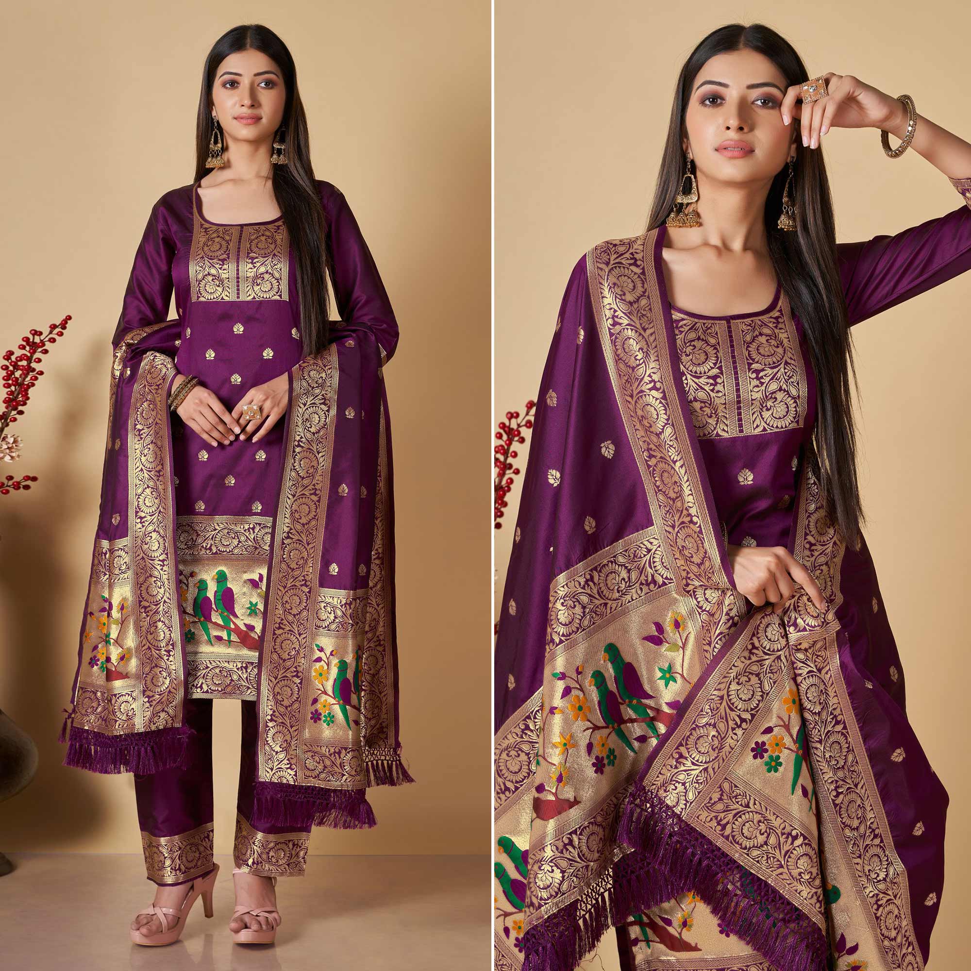 Purple Floral Woven Banarasi Silk Paithani Dress Material